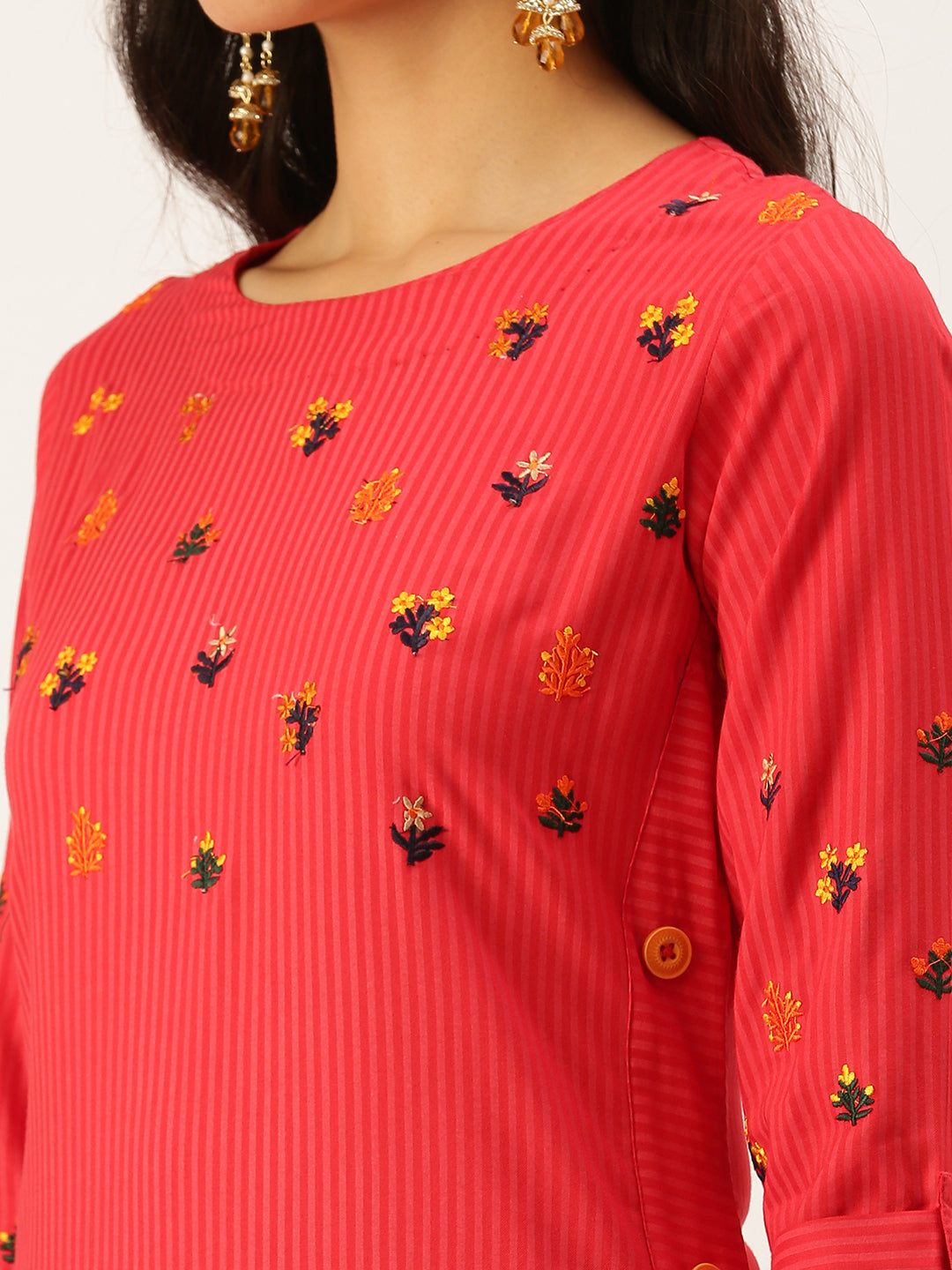 Women's Red Embroidered Straight Kurtas