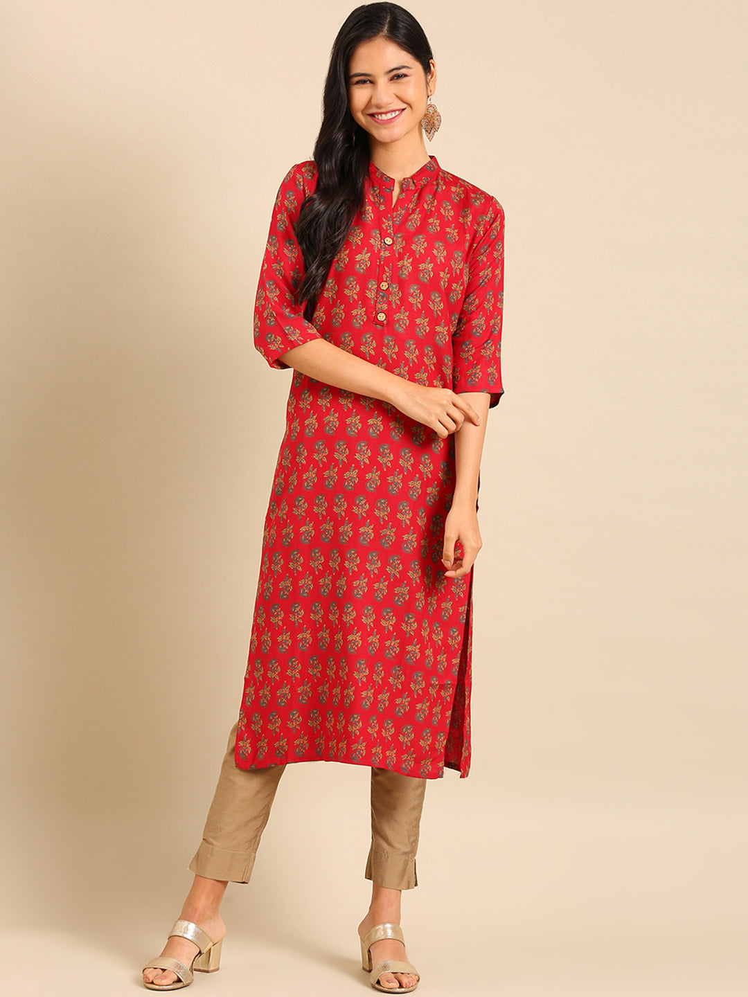 Women's Red Printed Straight Kurta