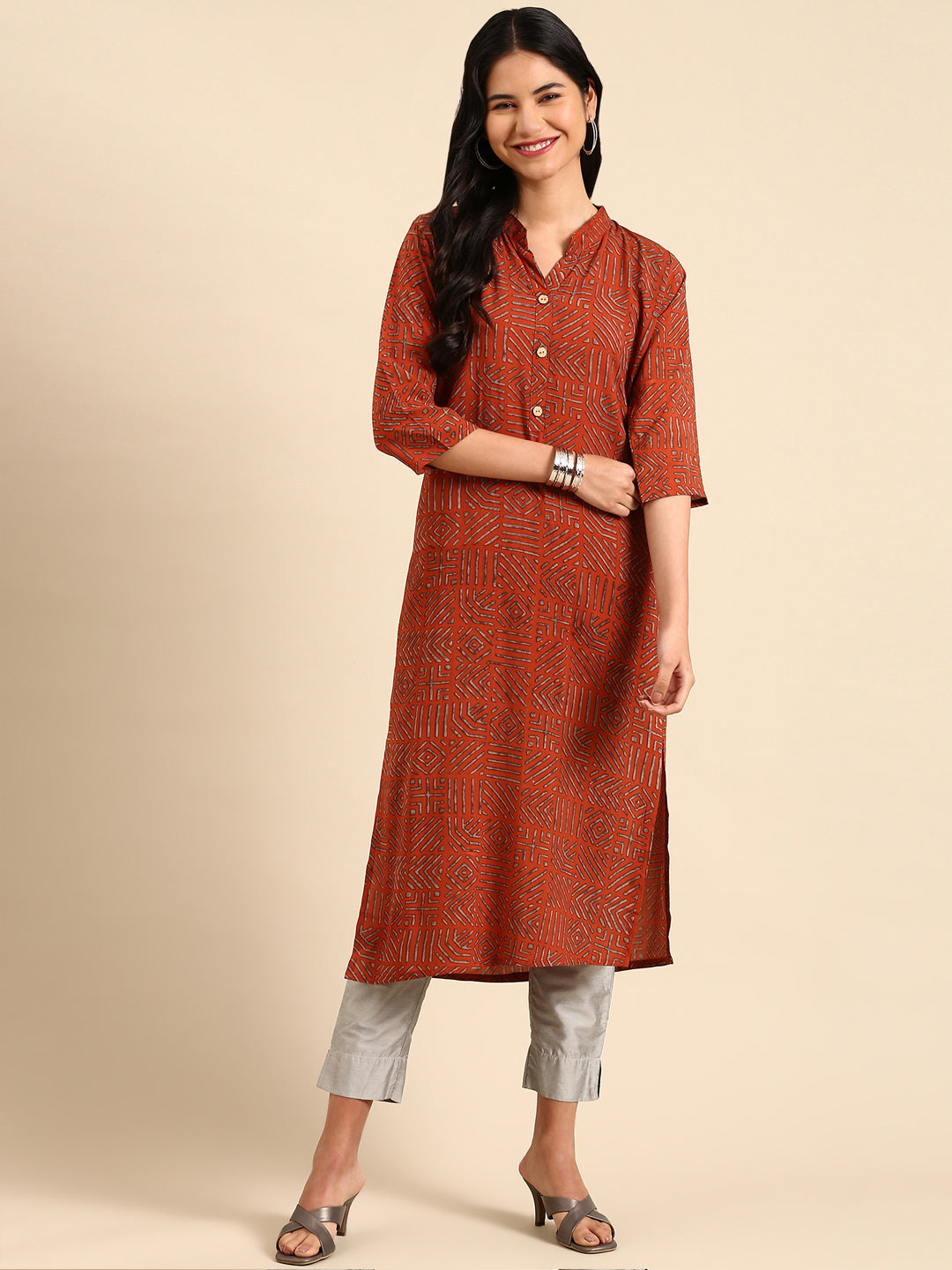 Women's Orange Printed Straight Kurta