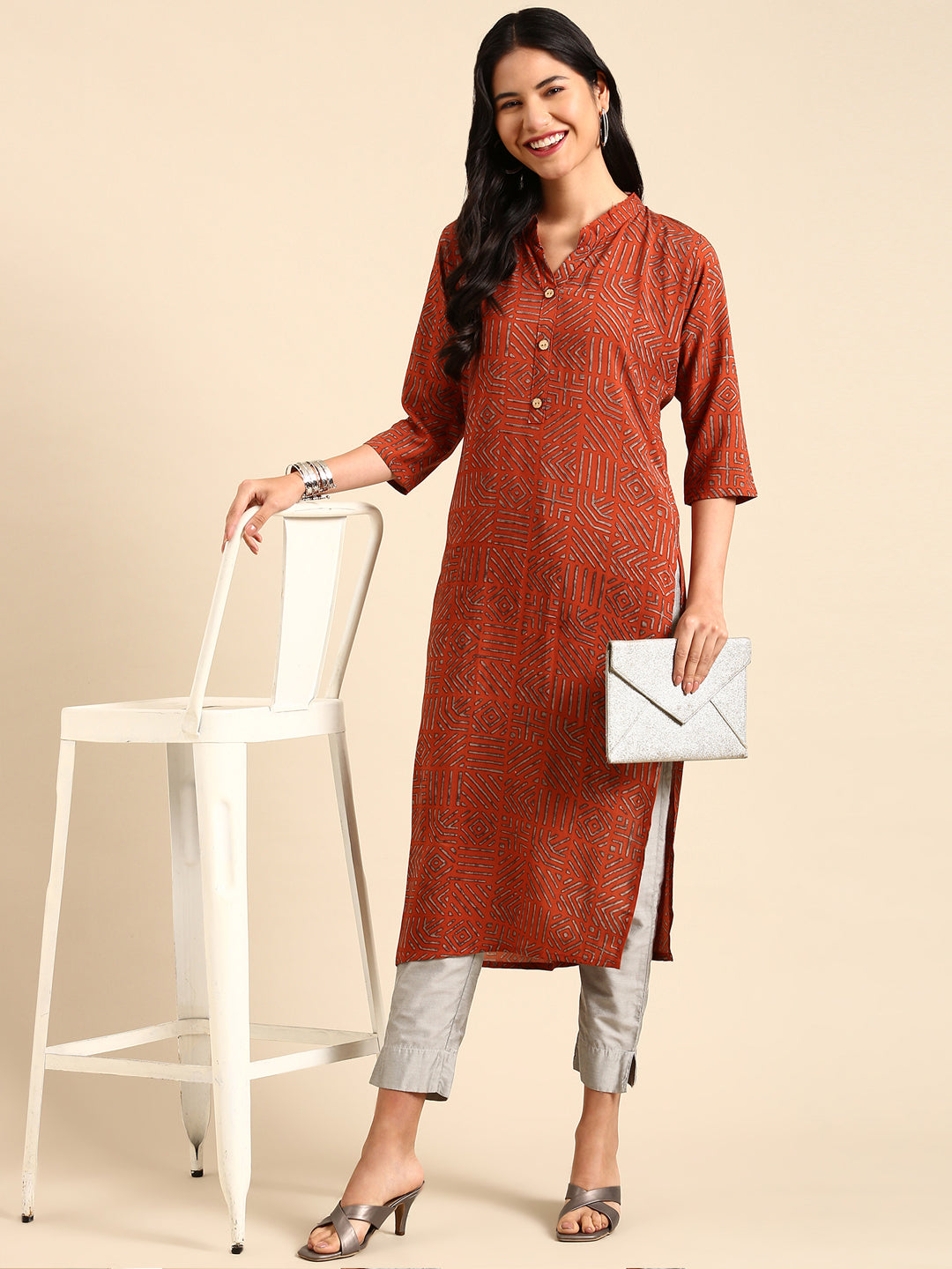 Women's Orange Printed Straight Kurta