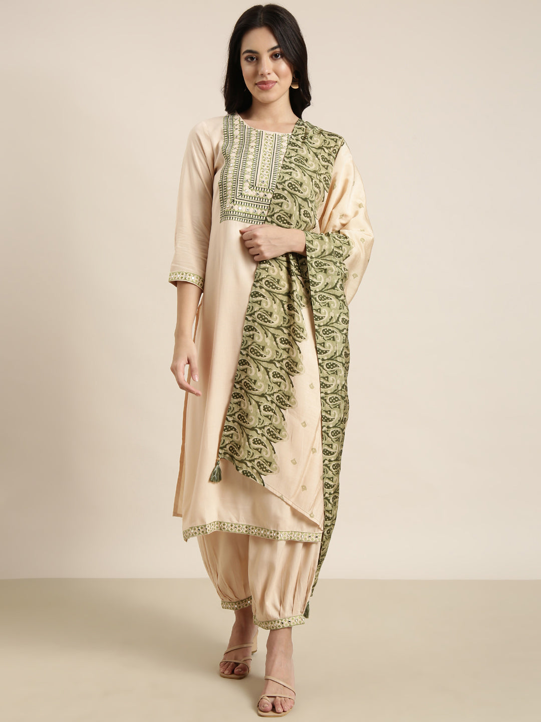 Women Straight Beige Solid Kurta and Patiala Set Comes With Dupatta