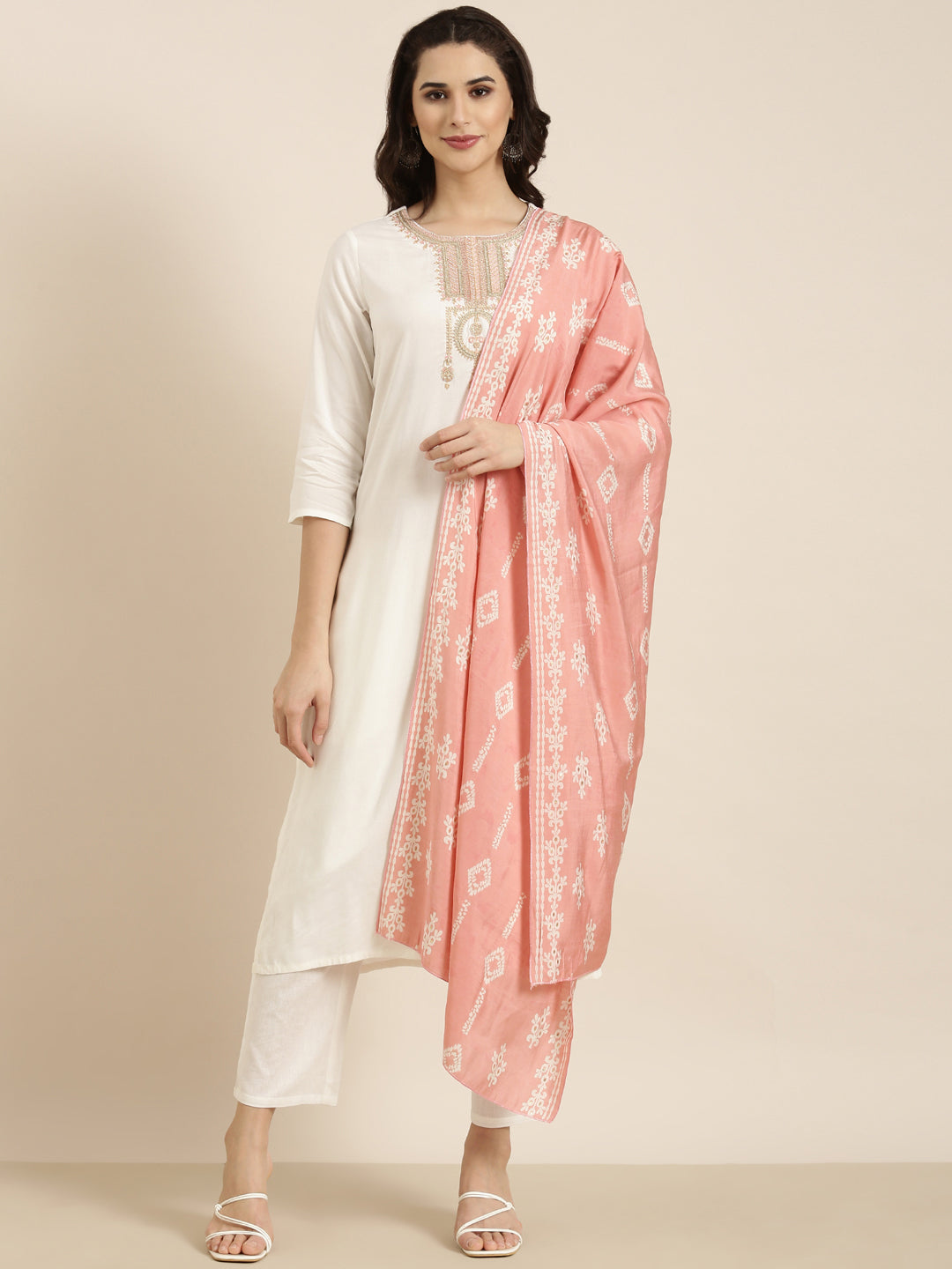 Women Straight Off White Solid Kurta and Trousers Set Comes With Dupatta