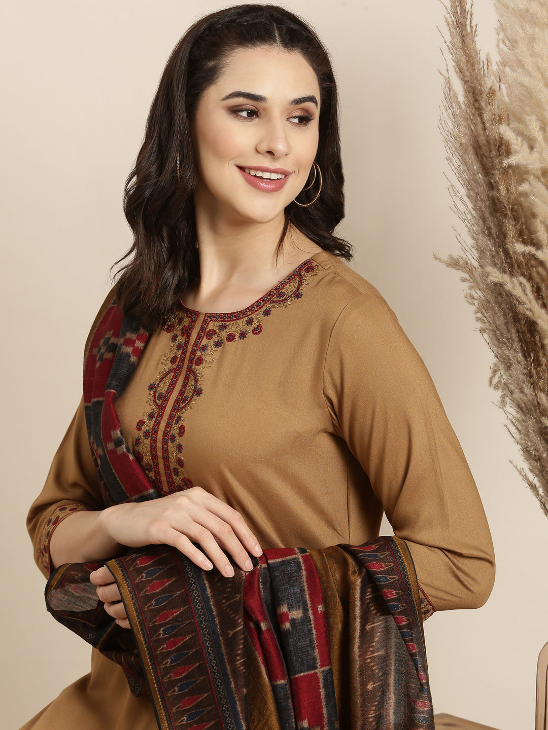 Women Straight Brown Solid Kurta and Patiala Set Comes With Dupatta