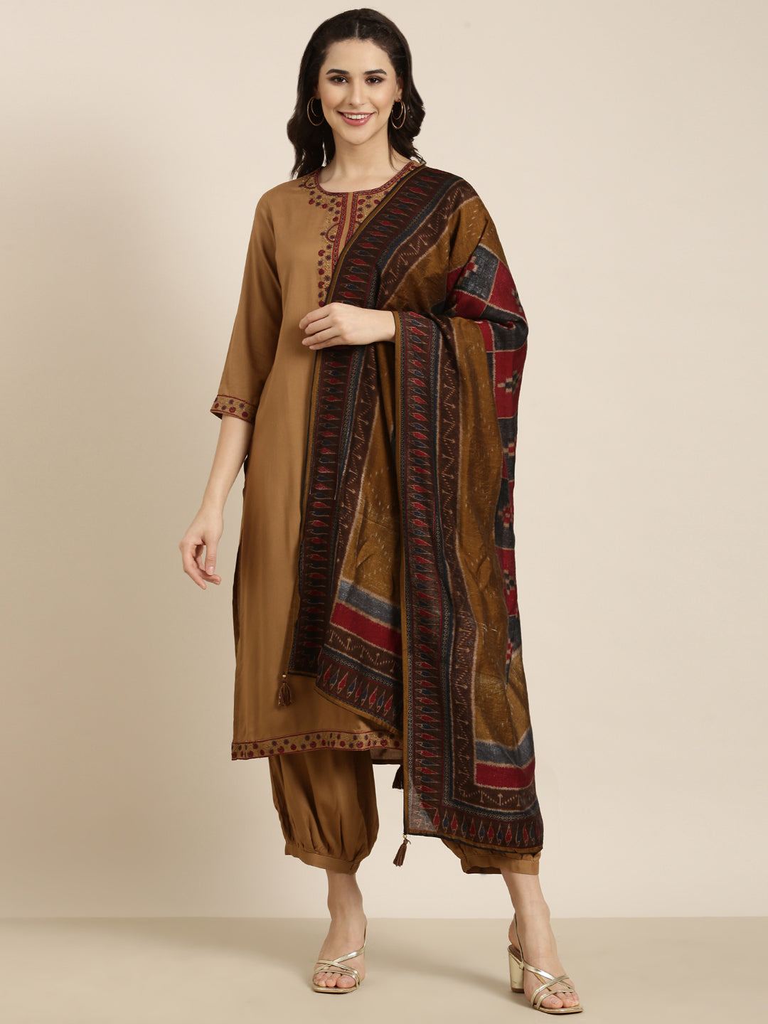 Women Straight Brown Solid Kurta and Patiala Set Comes With Dupatta