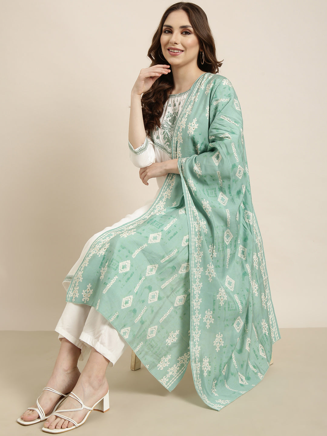 Women Straight White Solid Kurta and Trousers Set Comes With Dupatta