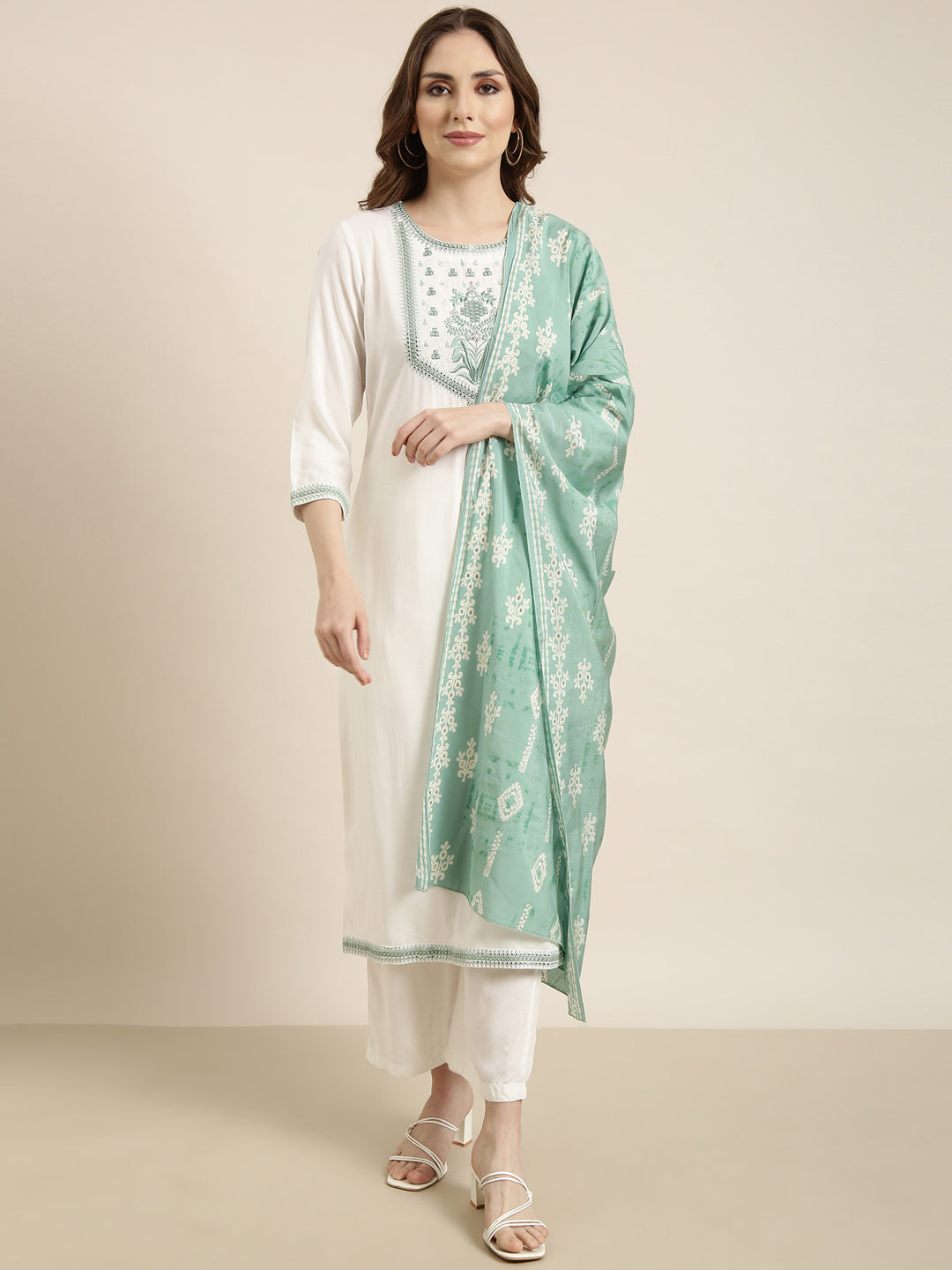 Women Straight White Solid Kurta and Trousers Set Comes With Dupatta