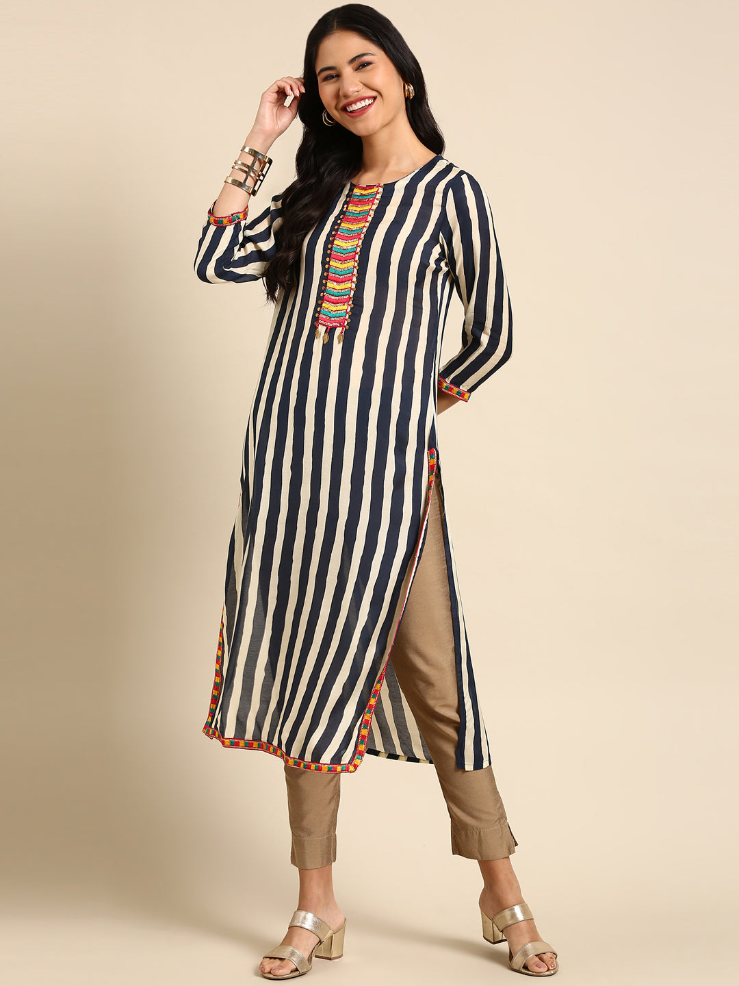 Women's Navy Blue Striped Straight Kurta