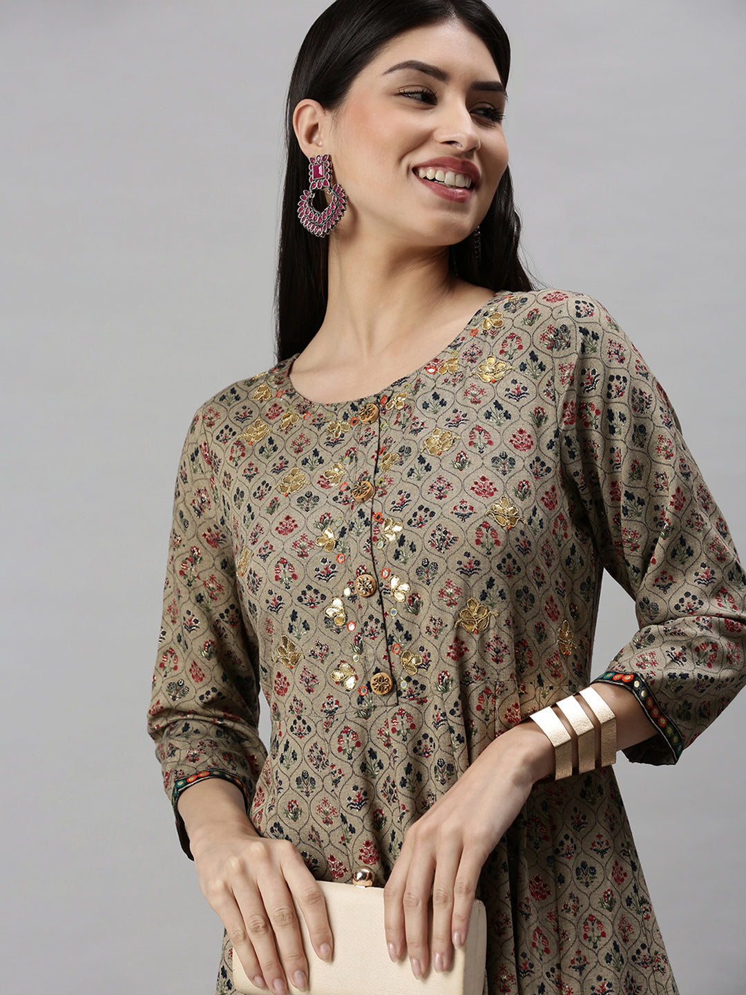 Women's Brown Floral Anarkali Kurta