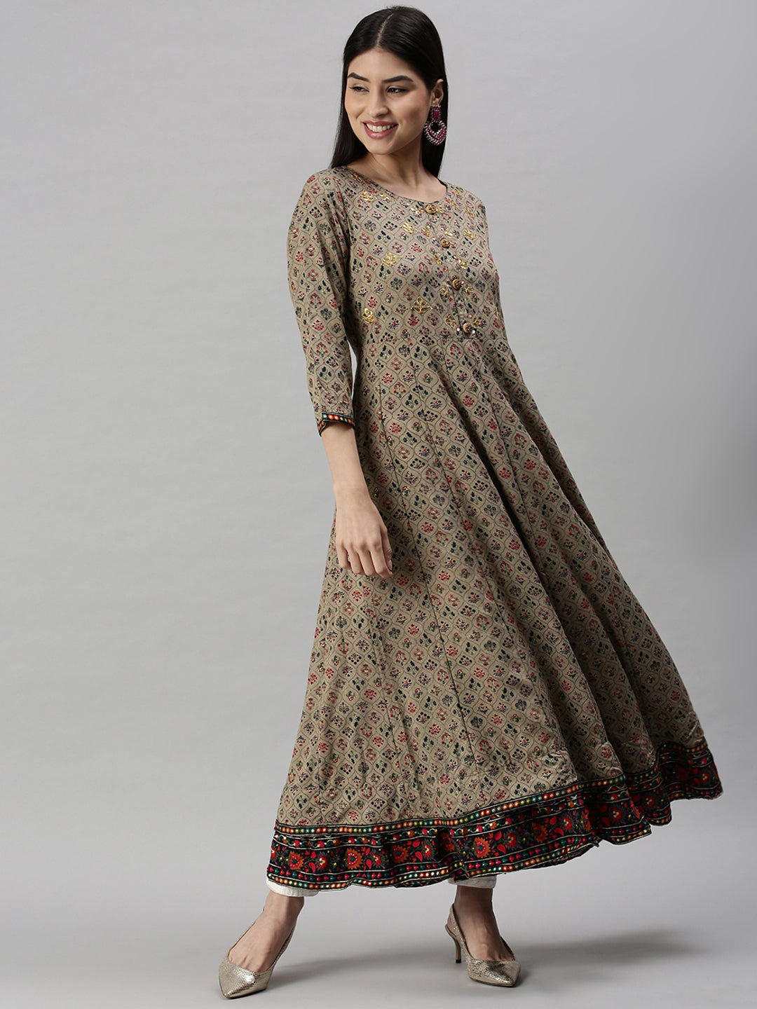 Women's Brown Floral Anarkali Kurta