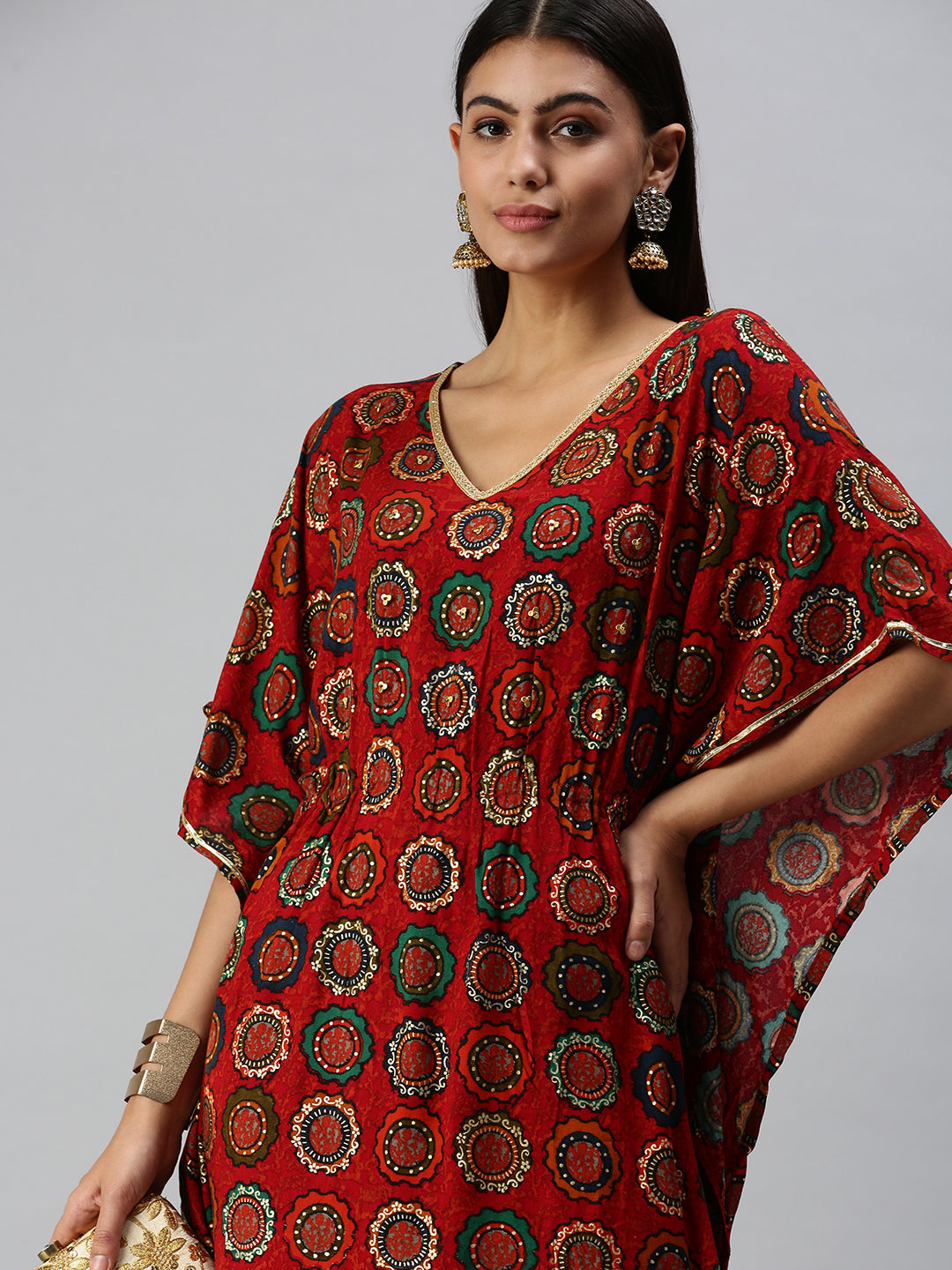 Women's Red Printed Kaftan Kurta