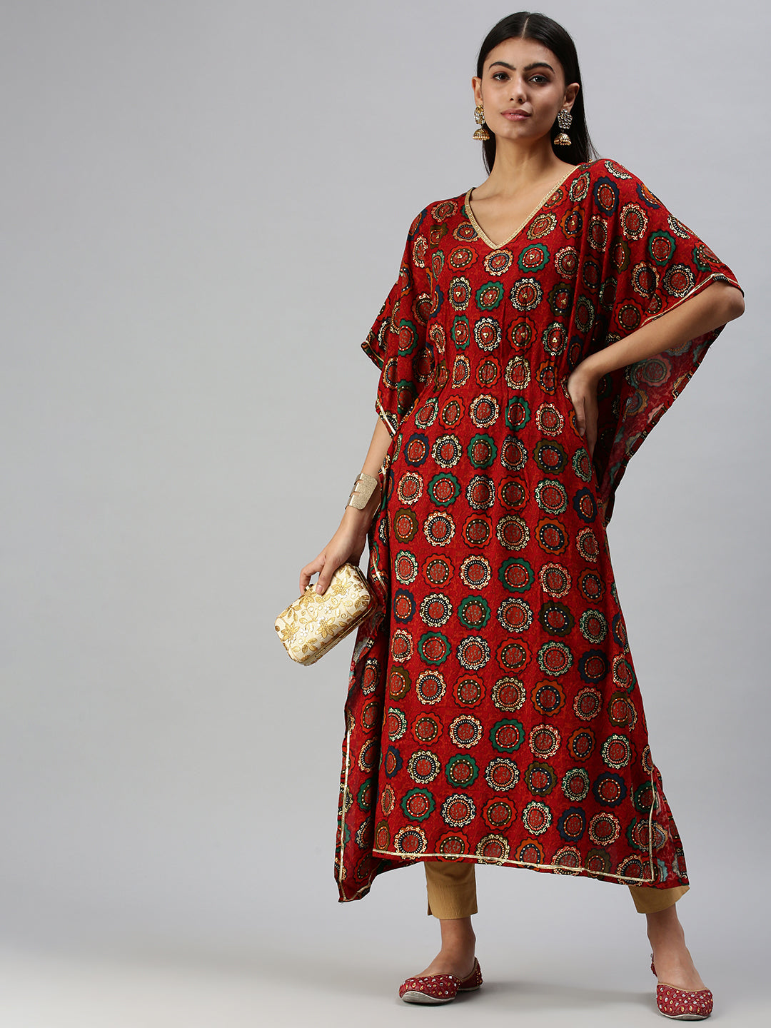 Women's Red Printed Kaftan Kurta