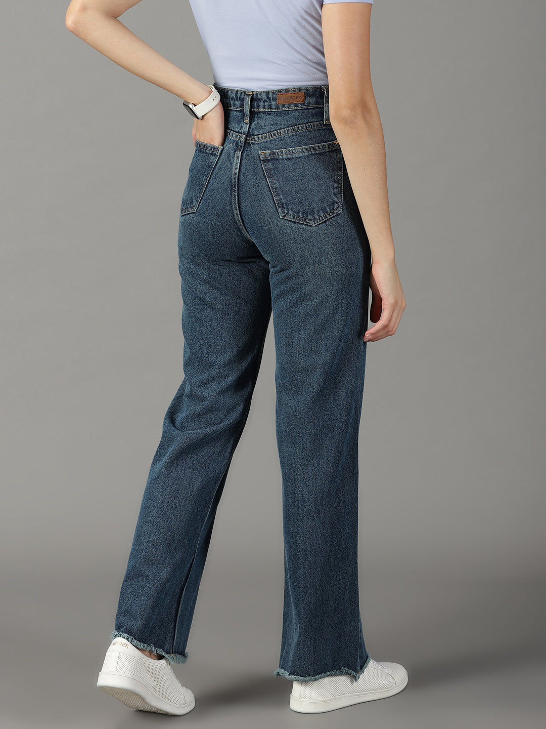 Women's Blue Solid Wide Leg Denim Jeans