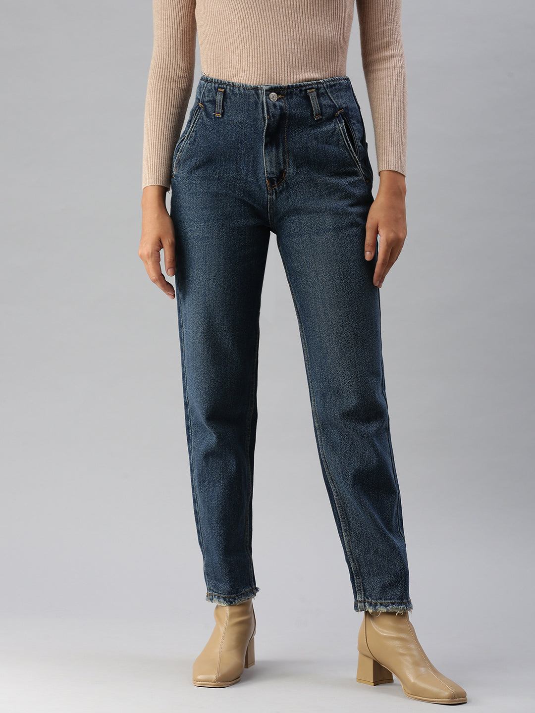 Women's Blue Solid Mom Fit Denim Jeans