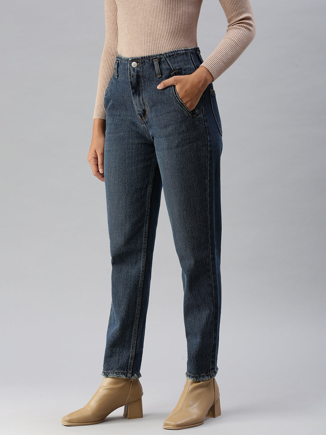 Women's Blue Solid Mom Fit Denim Jeans