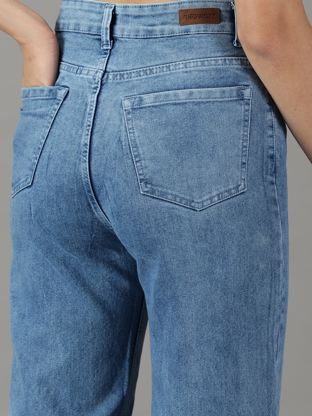 Women's Blue Solid Wide Leg Denim Jeans