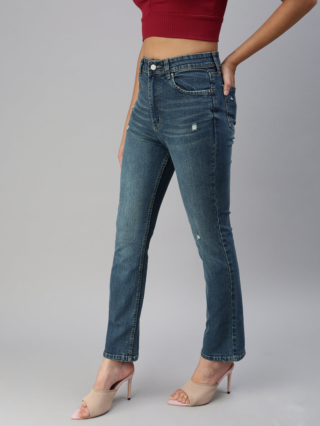 Women's Blue Solid Denim Straight Jeans