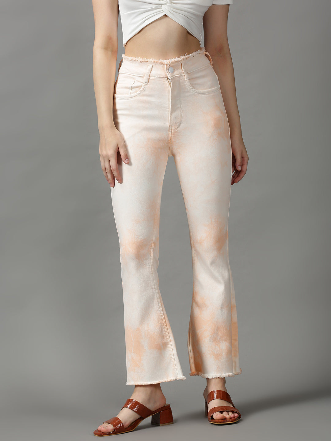 Women's Peach Solid Bootcut Denim Jeans