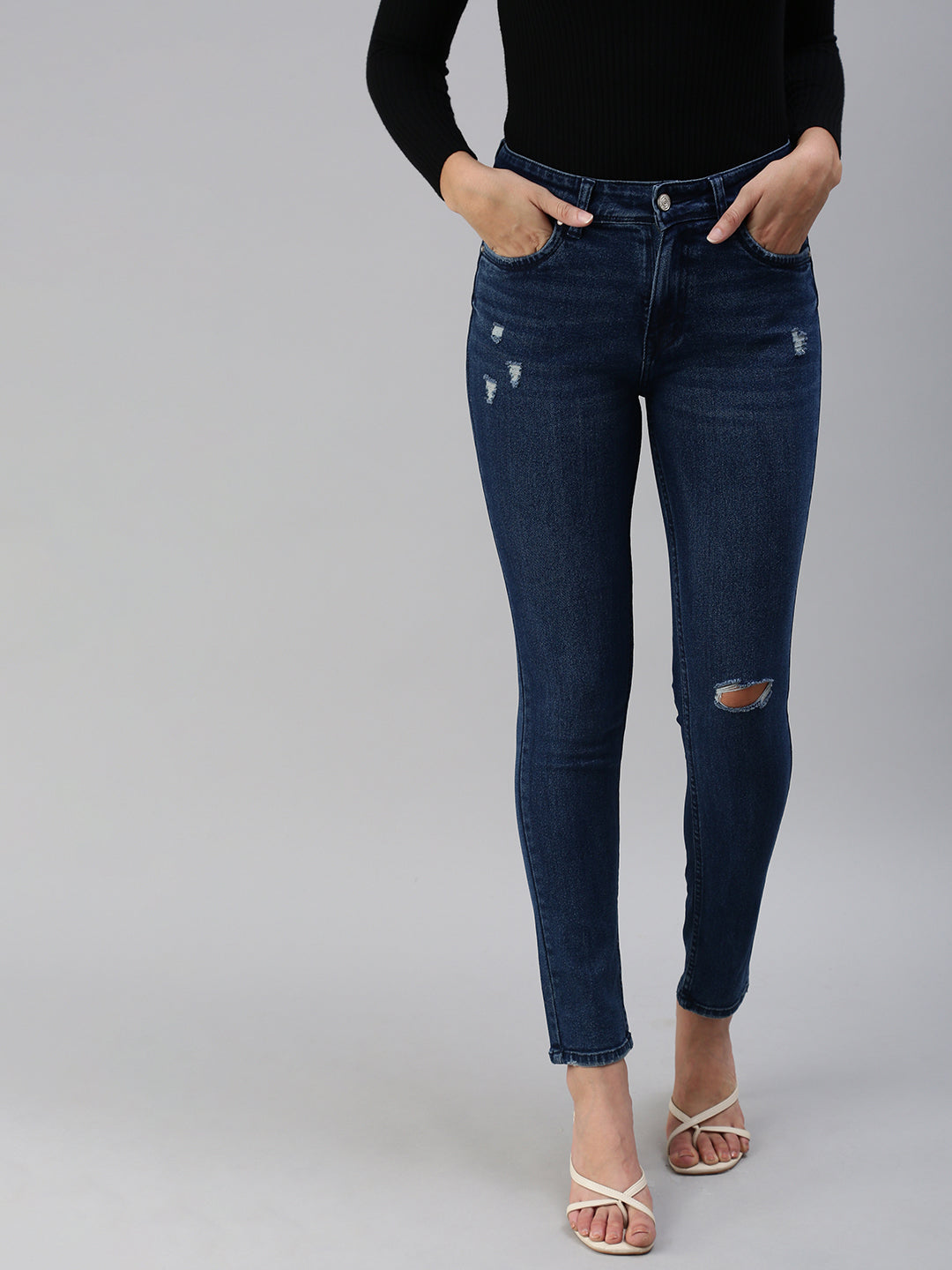 Women's Blue Solid Denim Slim Jeans