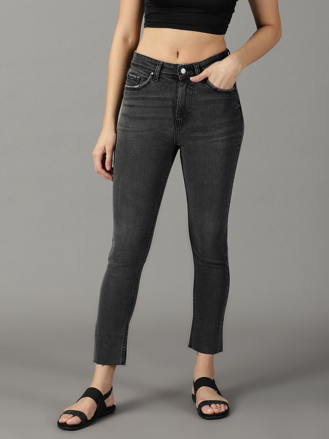 Women's Grey Solid Slim Fit Denim Jeans