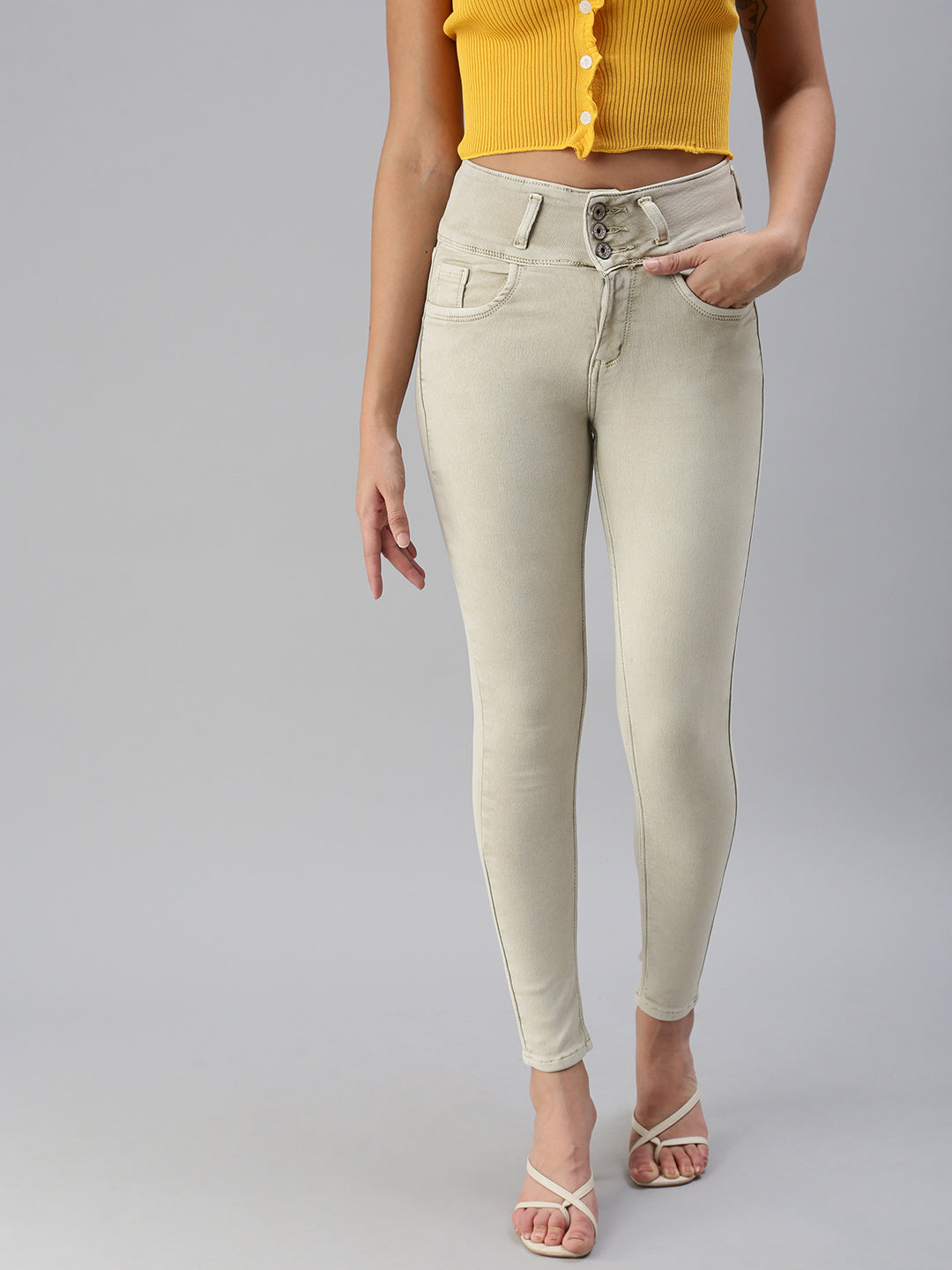 Women's Beige Solid Denim Skinny Jeans