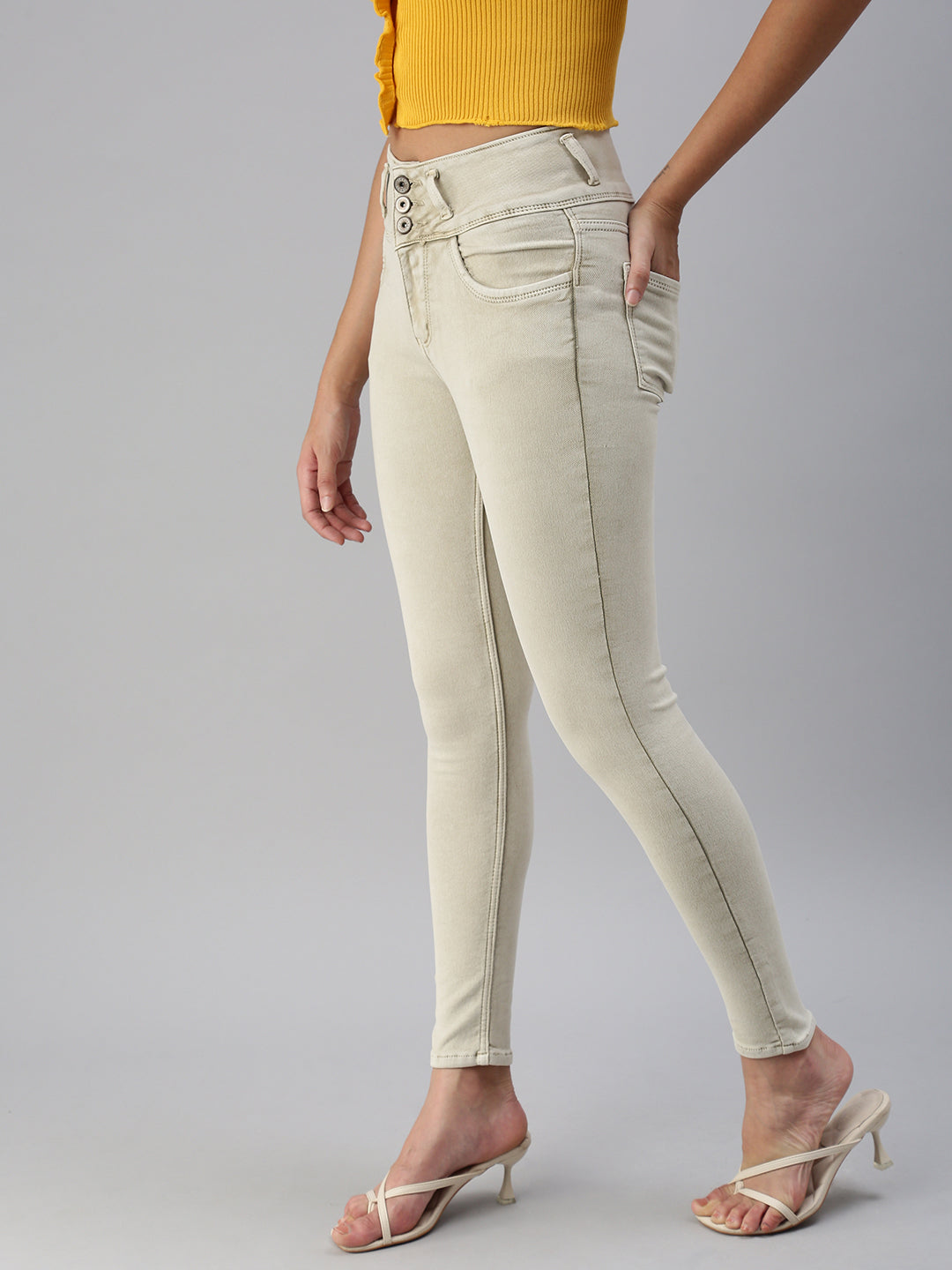 Women's Beige Solid Denim Skinny Jeans