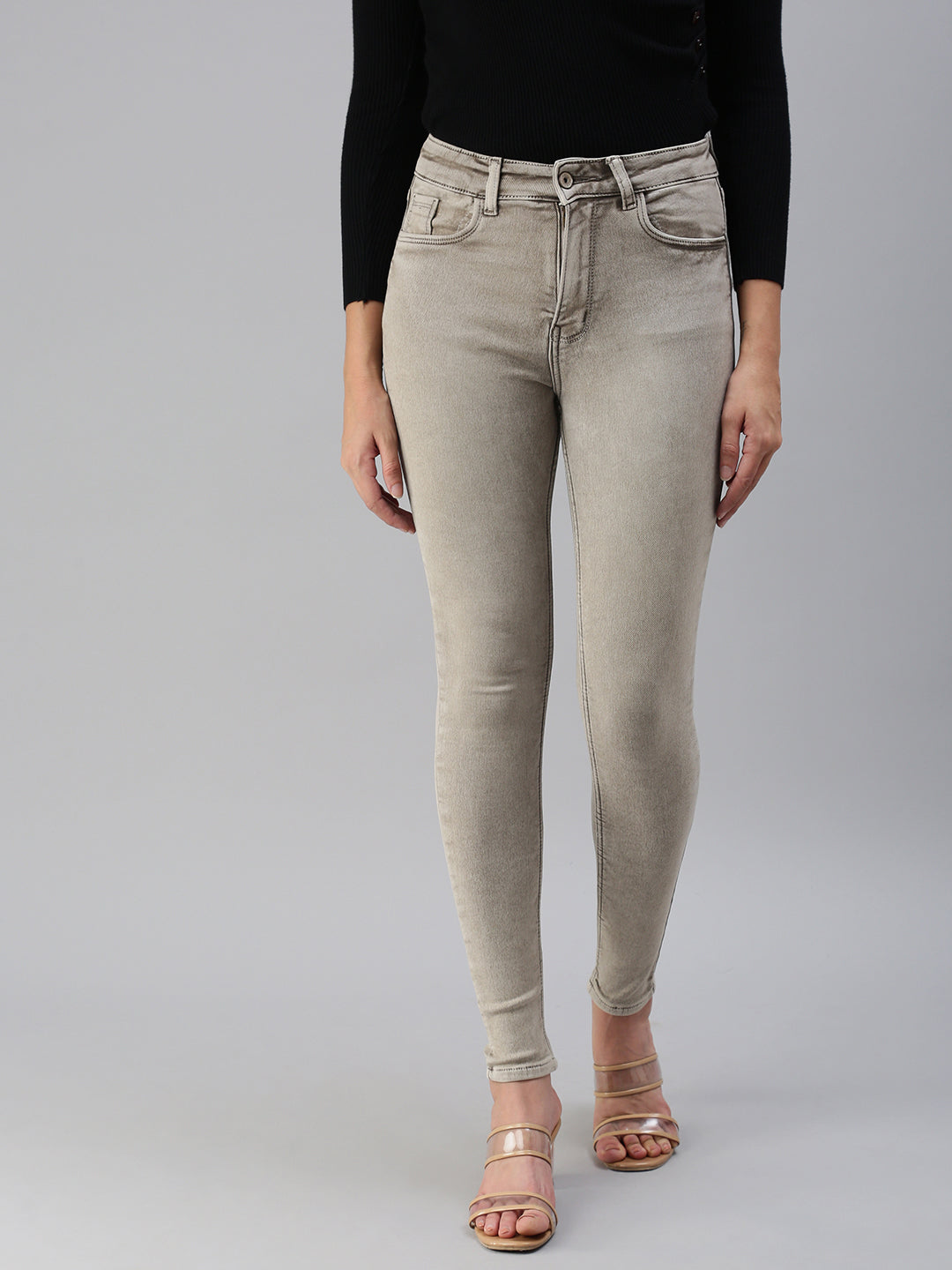 Women's Brown Solid Denim Skinny Jeans