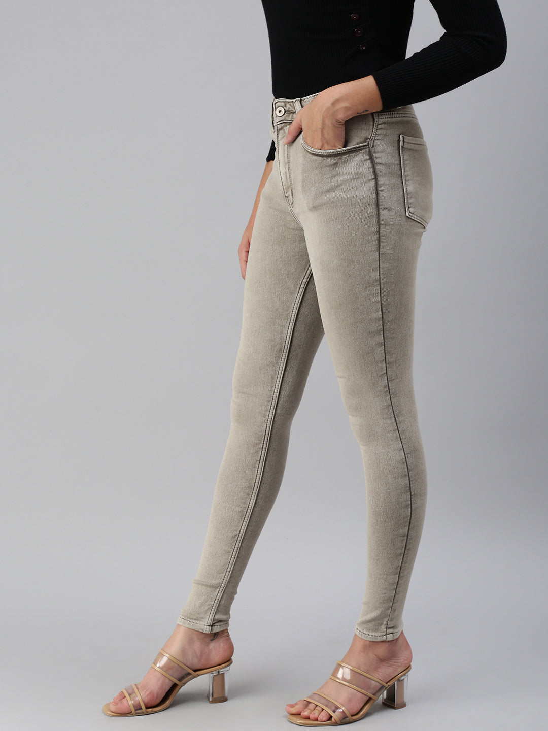 Women's Brown Solid Denim Skinny Jeans