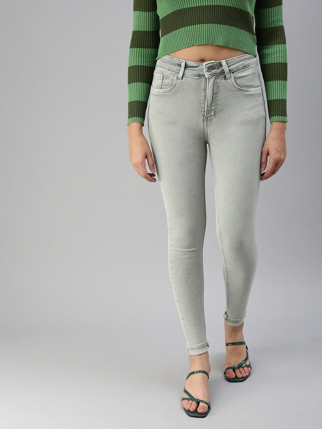 Women's Green Solid Denim Skinny Jeans