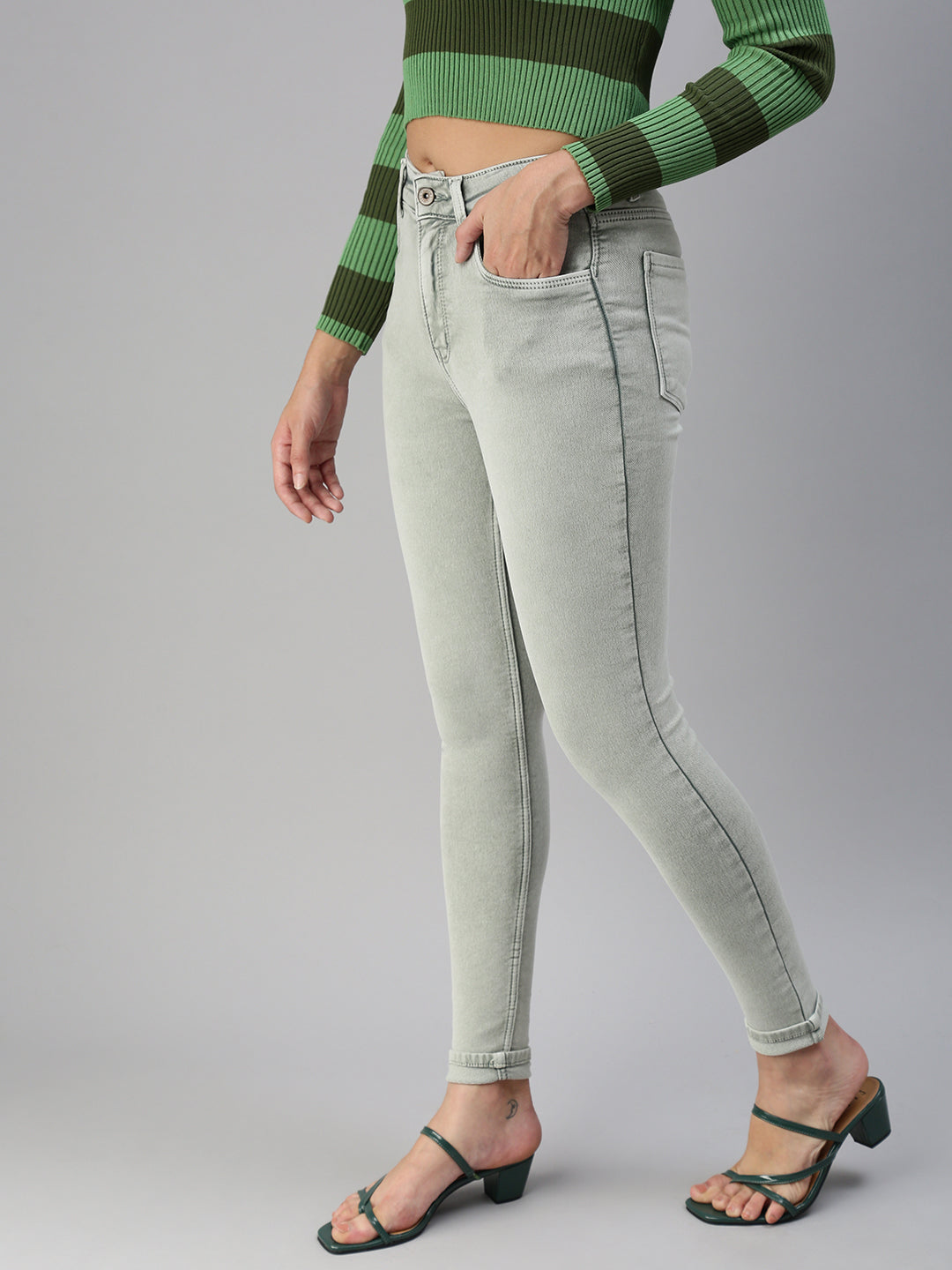 Women's Green Solid Denim Skinny Jeans