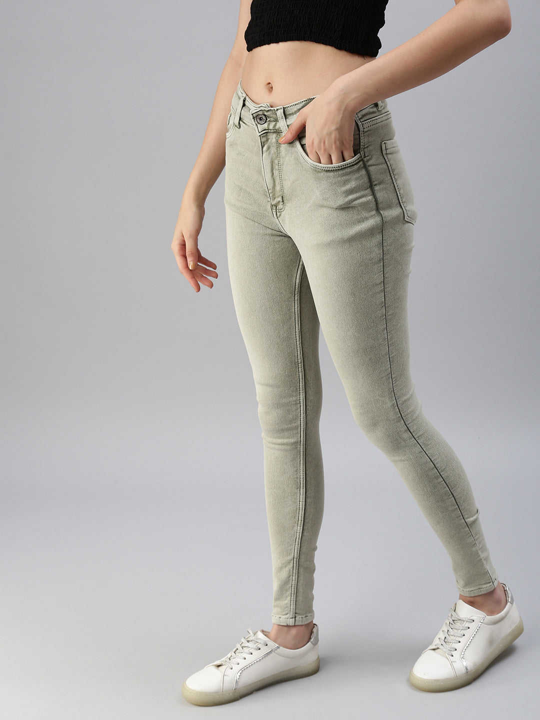 Women's Olive Solid Denim Skinny Jeans