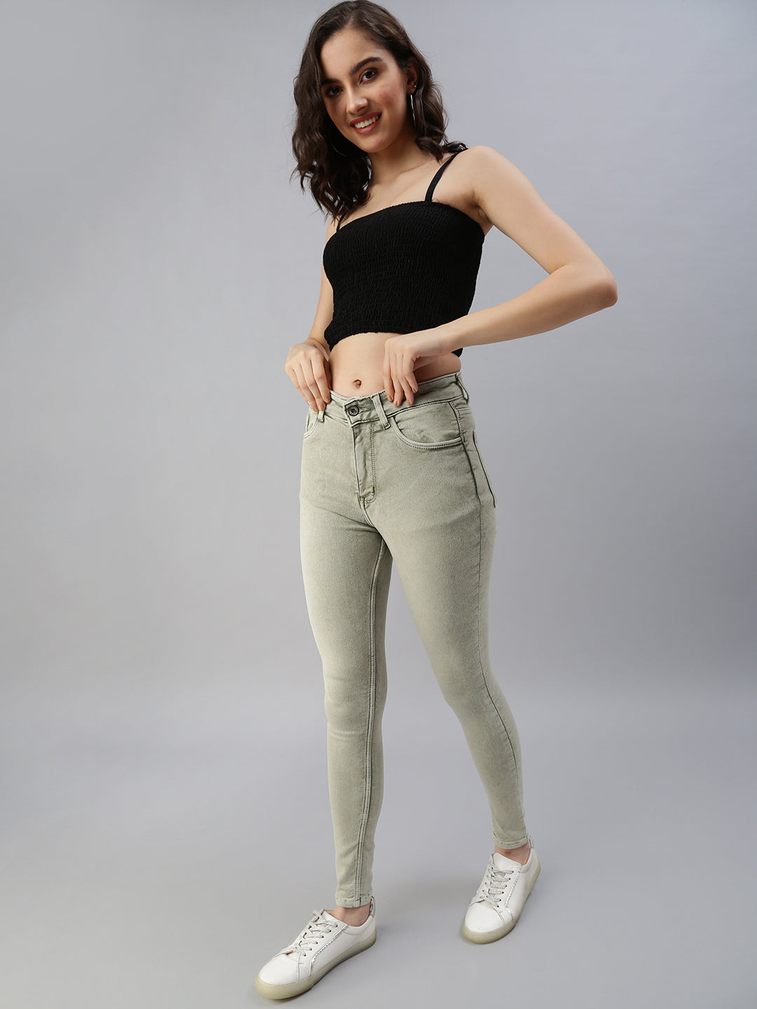 Women's Olive Solid Denim Skinny Jeans