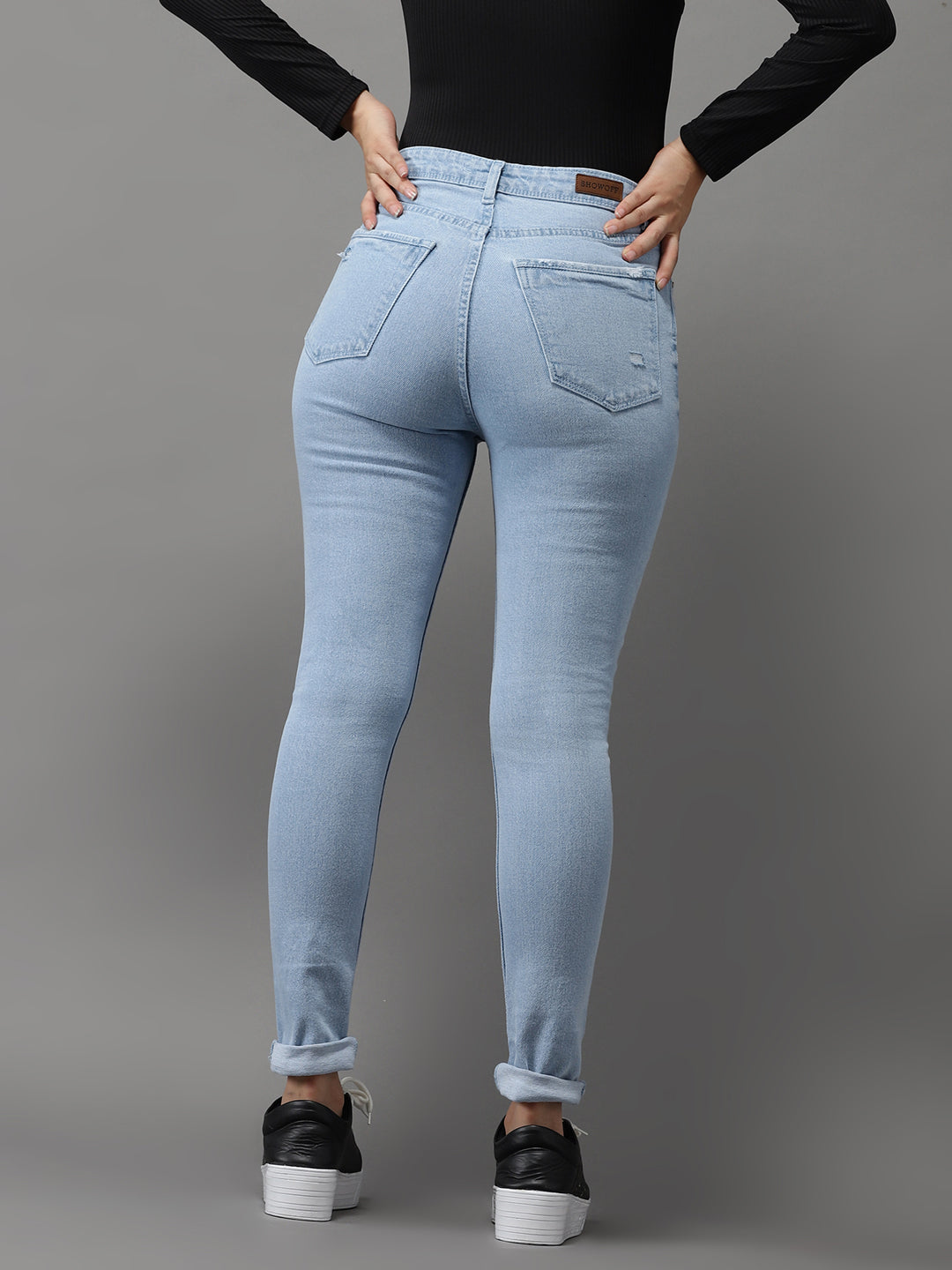 Women's Blue Solid Slim Fit Denim Jeans