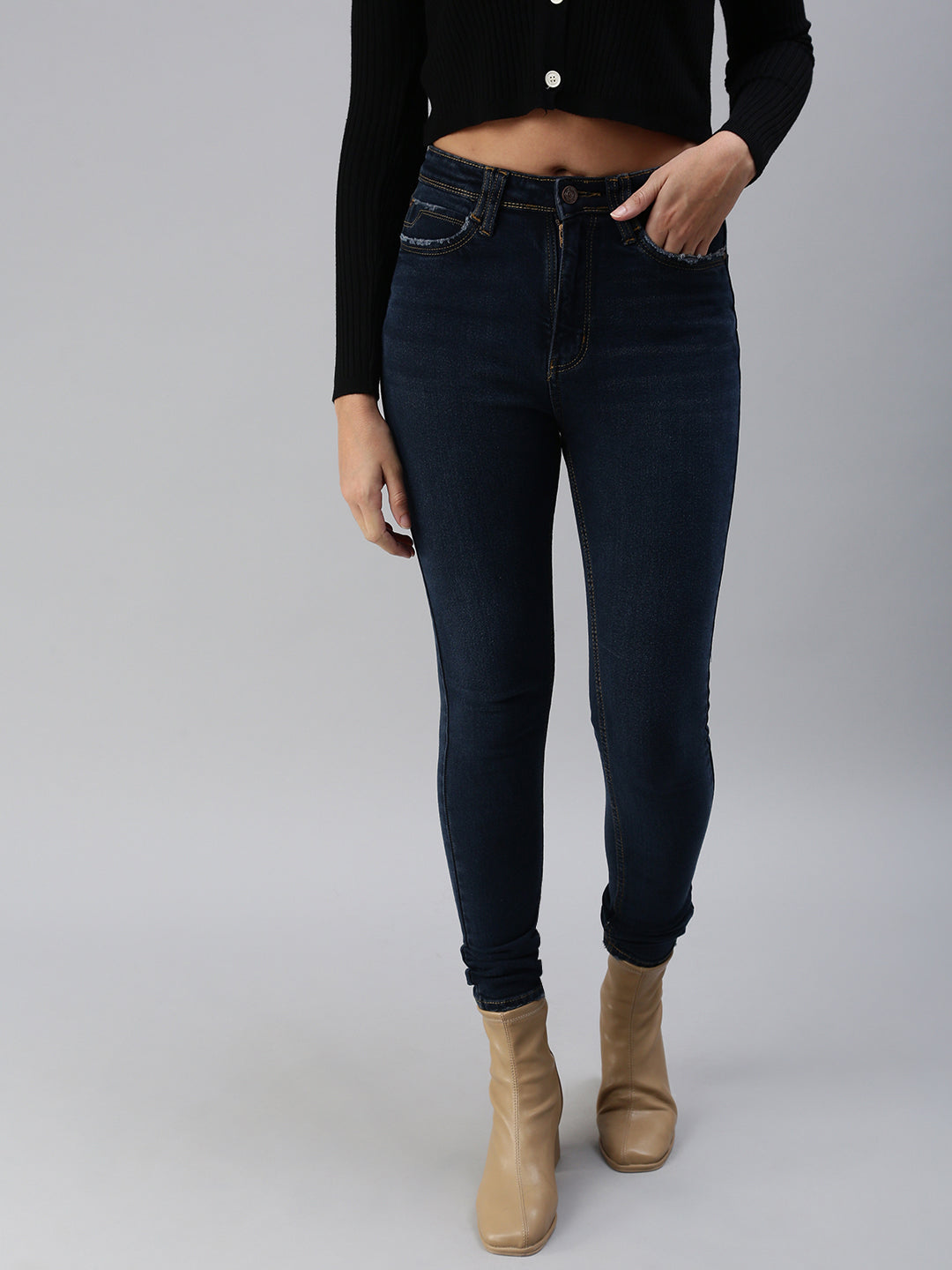 Women's Navy Blue Solid Denim Slim Jeans