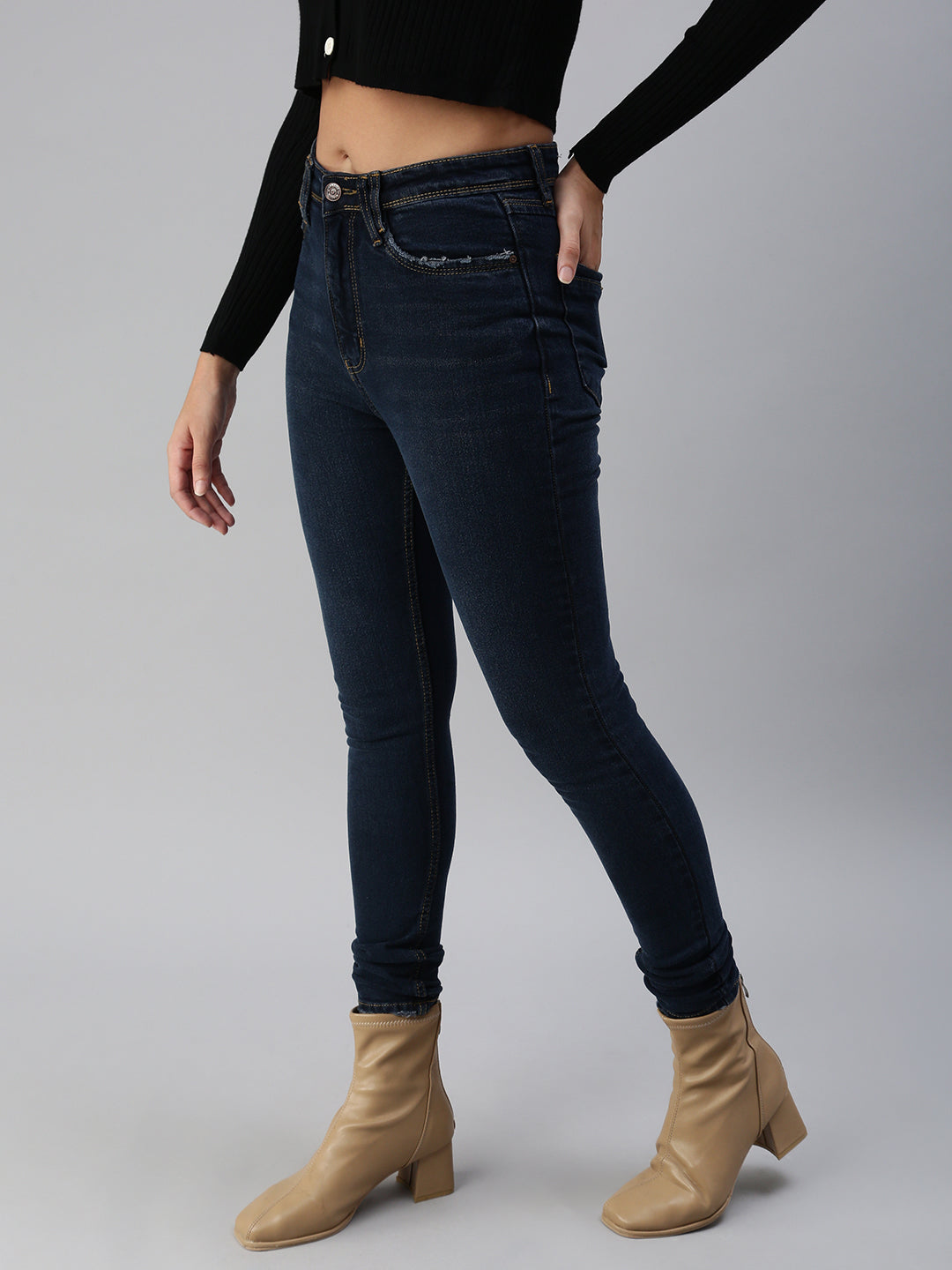 Women's Navy Blue Solid Denim Slim Jeans