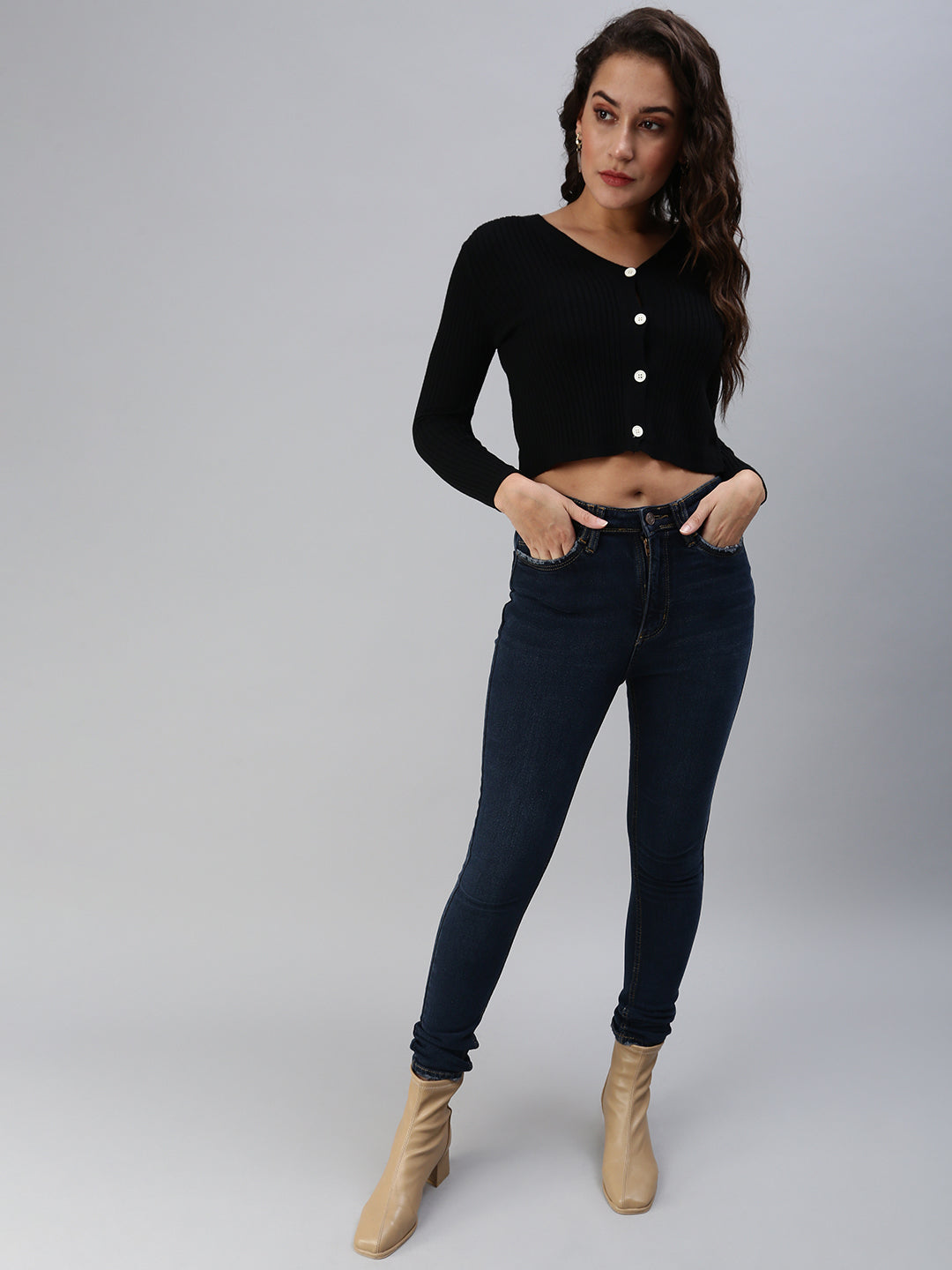 Women's Navy Blue Solid Denim Slim Jeans