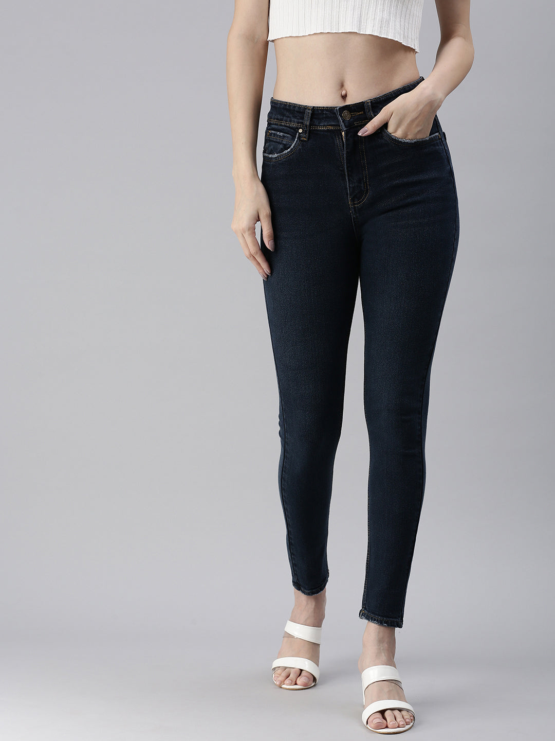 Women's Blue Solid Denim Slim Jeans