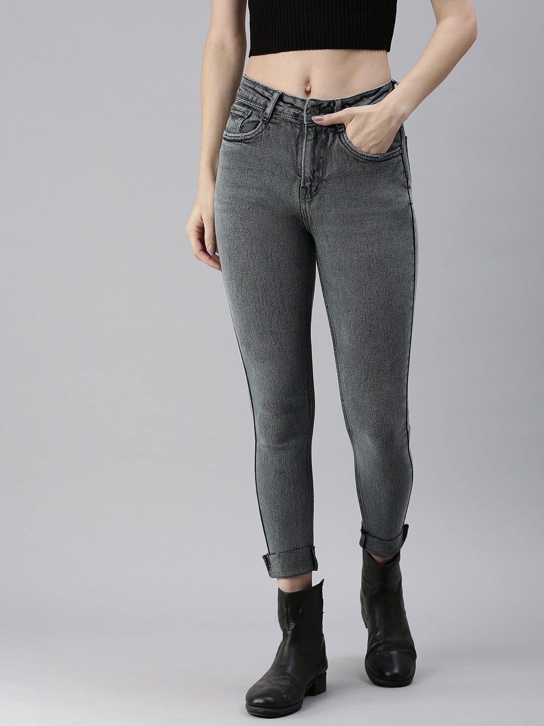 Women's Grey Solid Denim Skinny Jeans