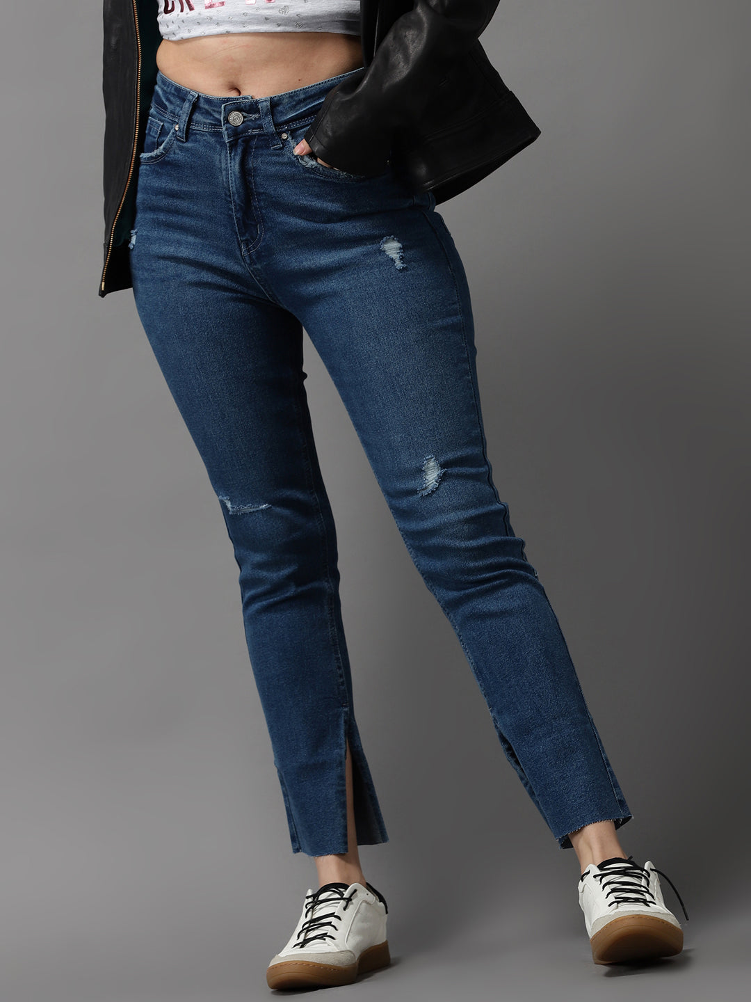 Women's Blue Solid Slim Fit Denim Jeans