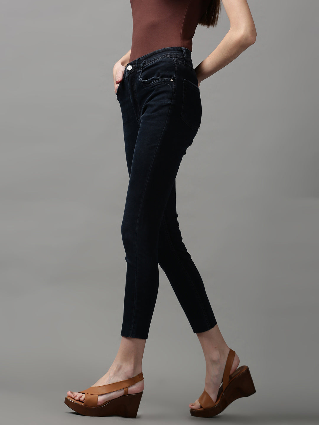 Women's Navy Blue Solid Skinny Fit Denim Jeans