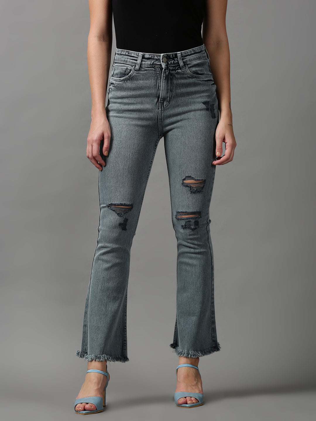 Women's Grey Solid Bootcut Denim Jeans