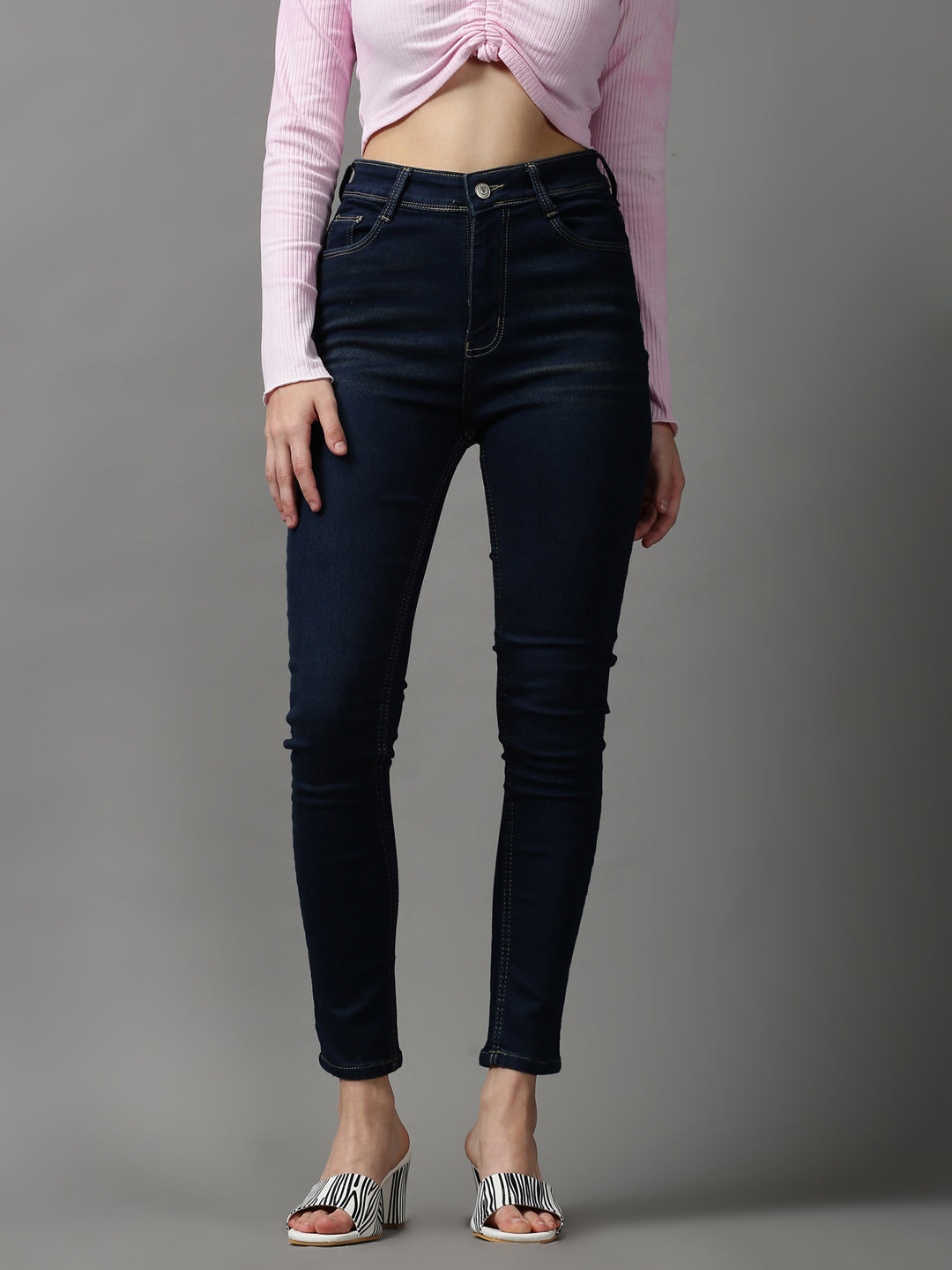 Women's Navy Blue Solid Skinny Fit Denim Jeans