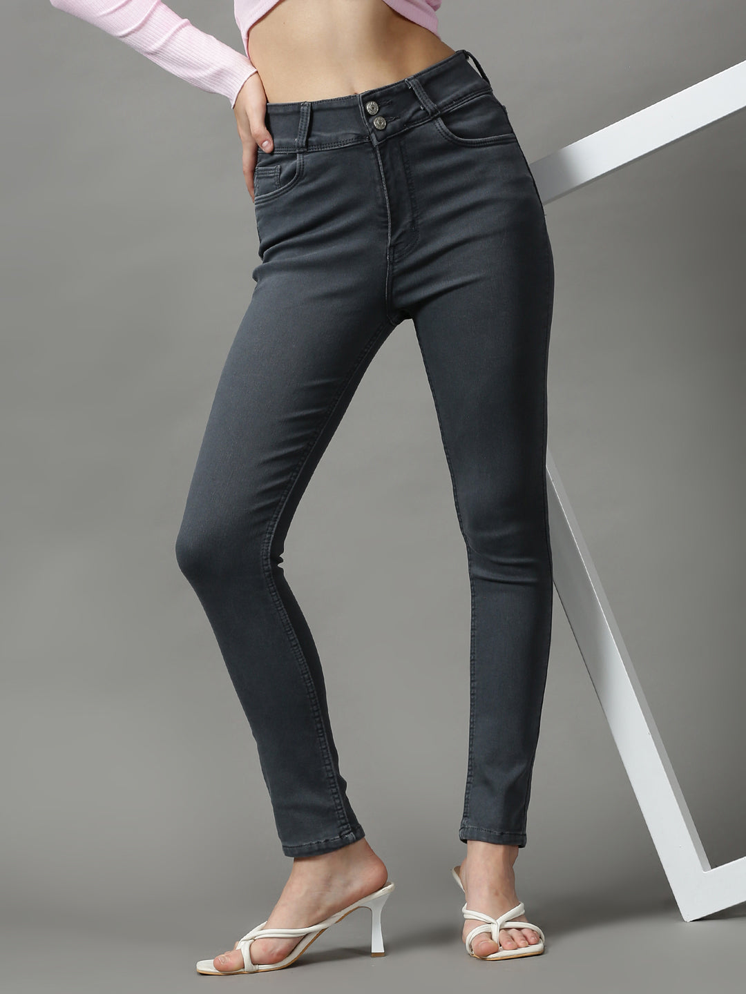 Women's Grey Solid Skinny Fit Denim Jeans