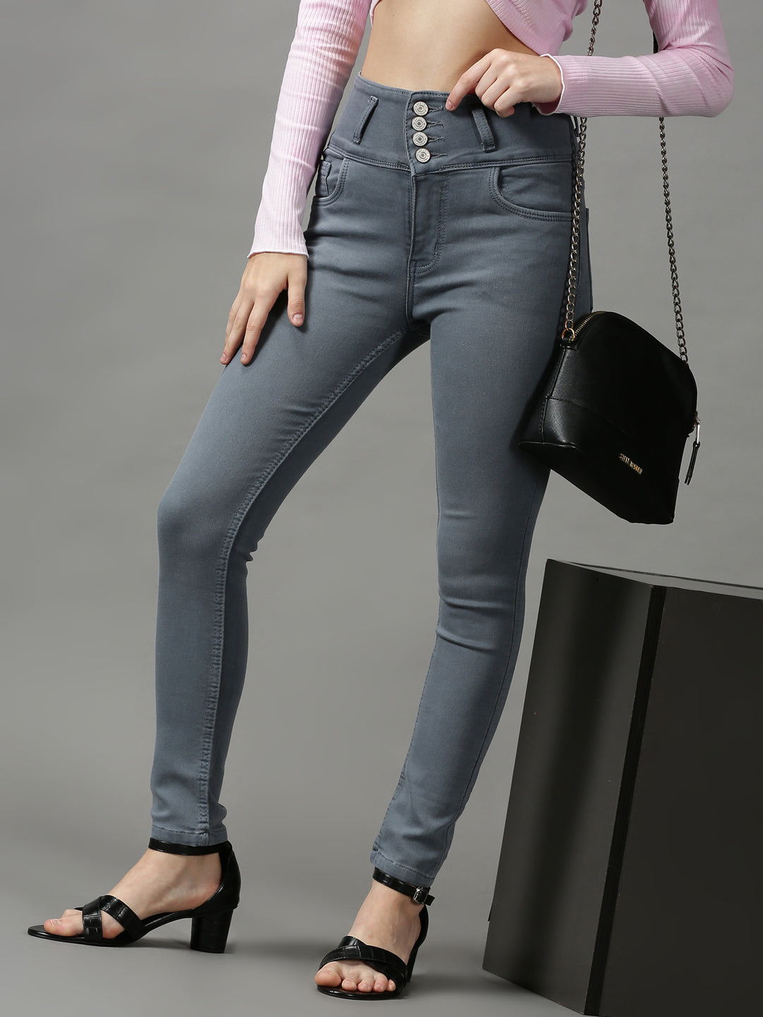 Women's Grey Solid Skinny Fit Denim Jeans