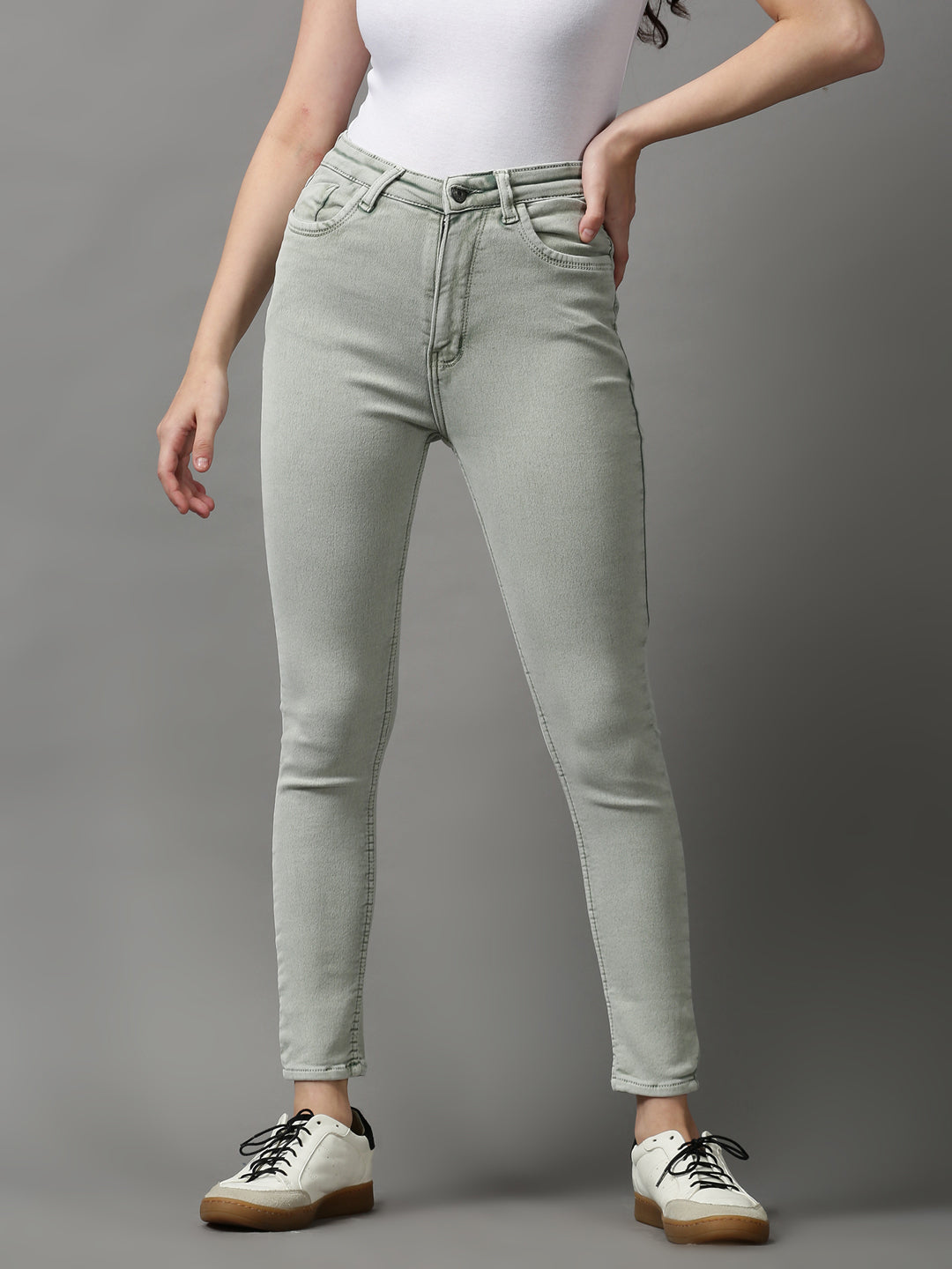 Women's Green Solid Skinny Fit Denim Jeans