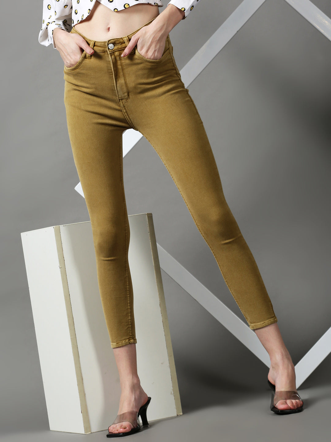 Women's Khaki Solid Skinny Fit Denim Jeans