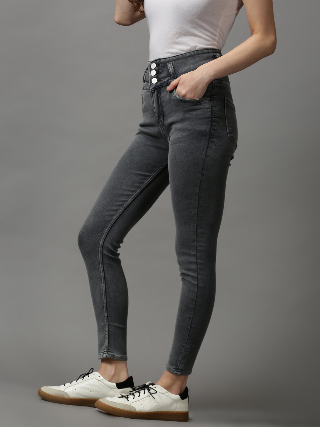 Women's Grey Solid Skinny Fit Denim Jeans
