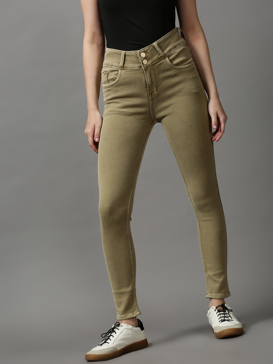 Women's Beige Solid Skinny Fit Denim Jeans