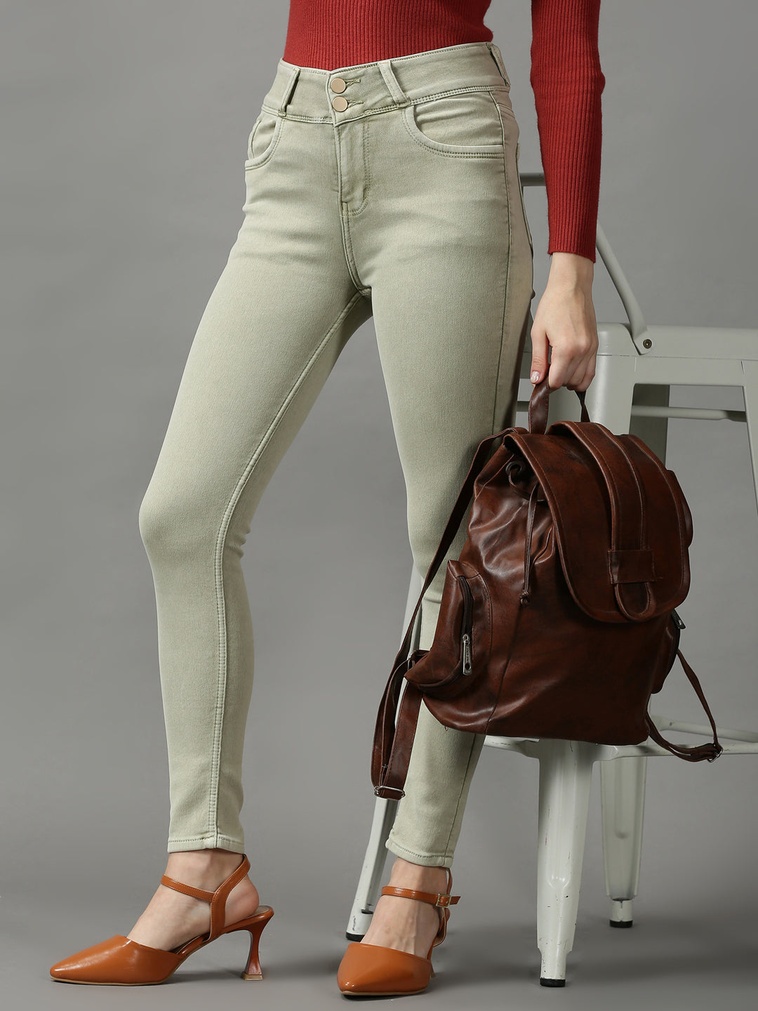 Women's Green Solid Skinny Fit Denim Jeans