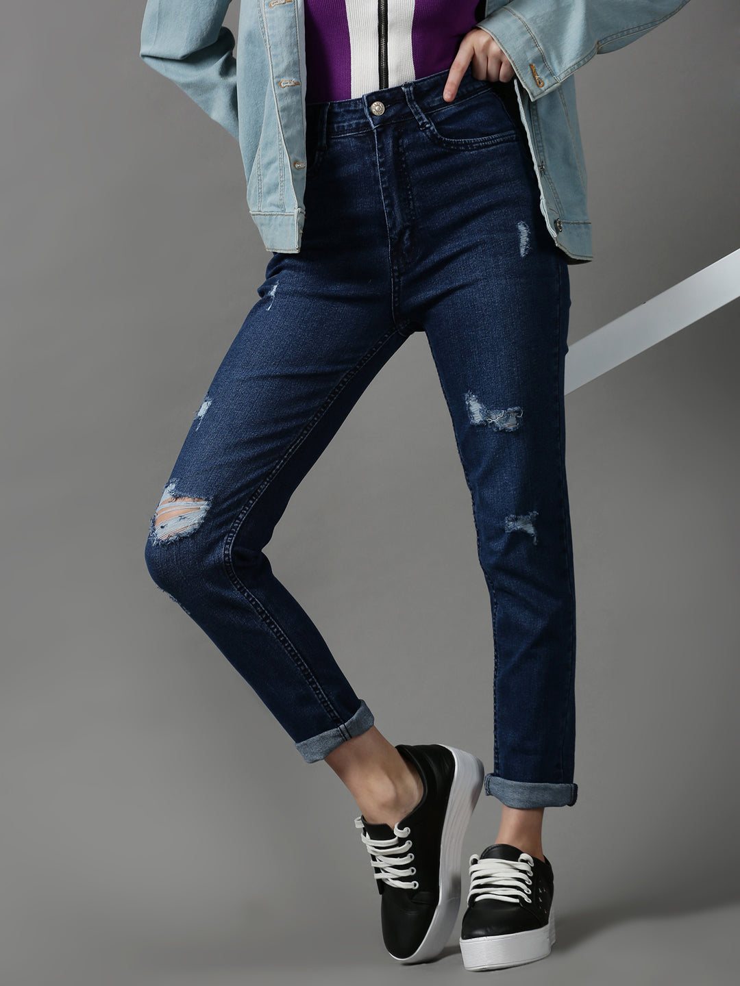 Women's Navy Blue Solid Slim Fit Denim Jeans