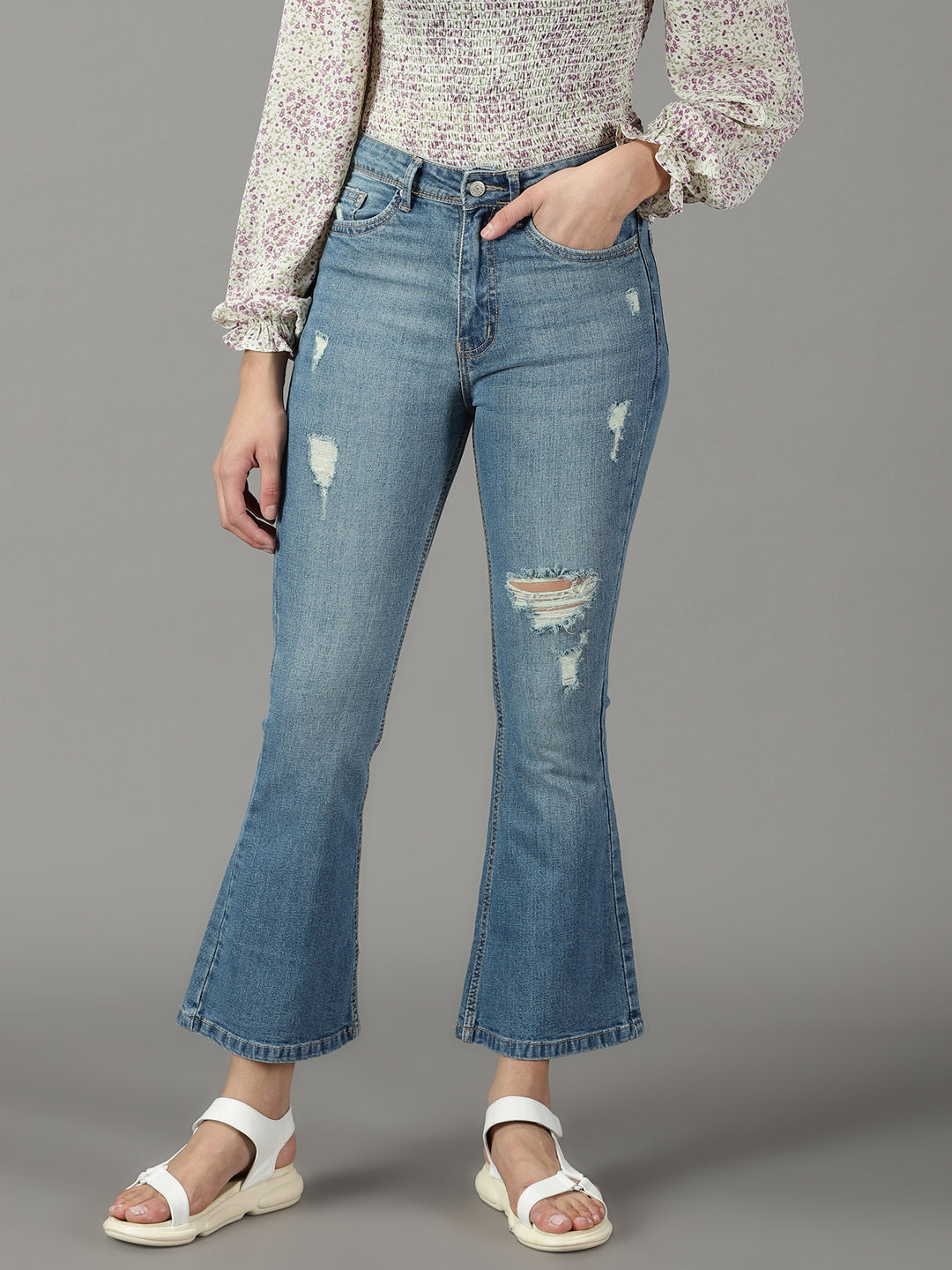Women's Blue Solid Bootcut Denim Jeans